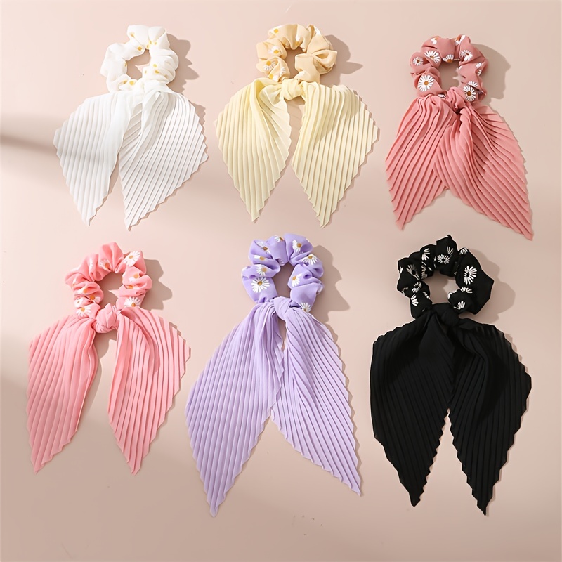 

6pcs/set Daisy Flower Printed Scrunchie Ribbon Bowknot Decorative Hair Loops Elastic Intestine Hair Ties Ponytail Holders
