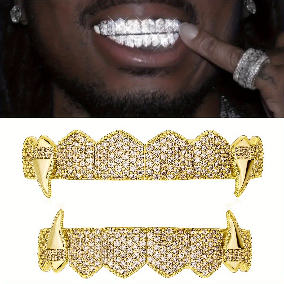 Grillz de dientes CZ chapado en oro y plata para Unisex, juego de parrillas  superior e inferior, joyería Dental Punk, Hip Hop