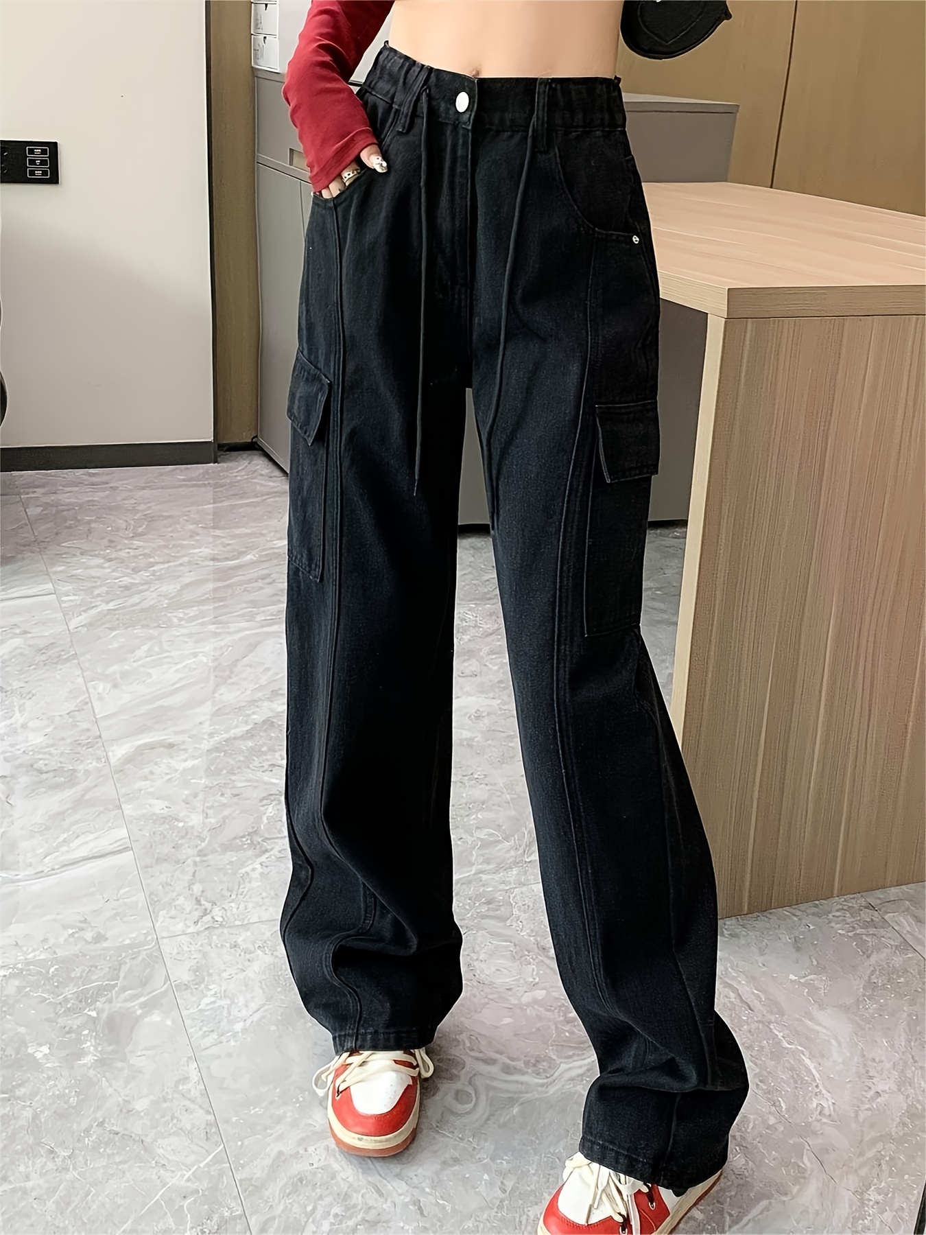 Plain Multi Pockets Tie Belt Cargo Jeans Solid Color Loose - Temu