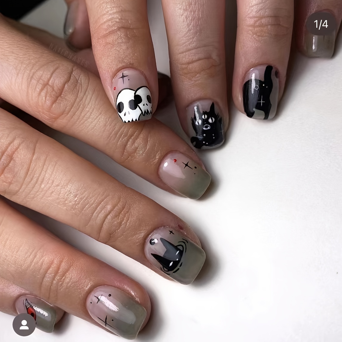 24 Stück Glänzende Kurze Quadratische Künstliche Nägel, Schwarze  Farbverlaufsnägel Zum Aufdrücken Mit Cartoon-Totenkopf-Katzen-Design,  Gruselige