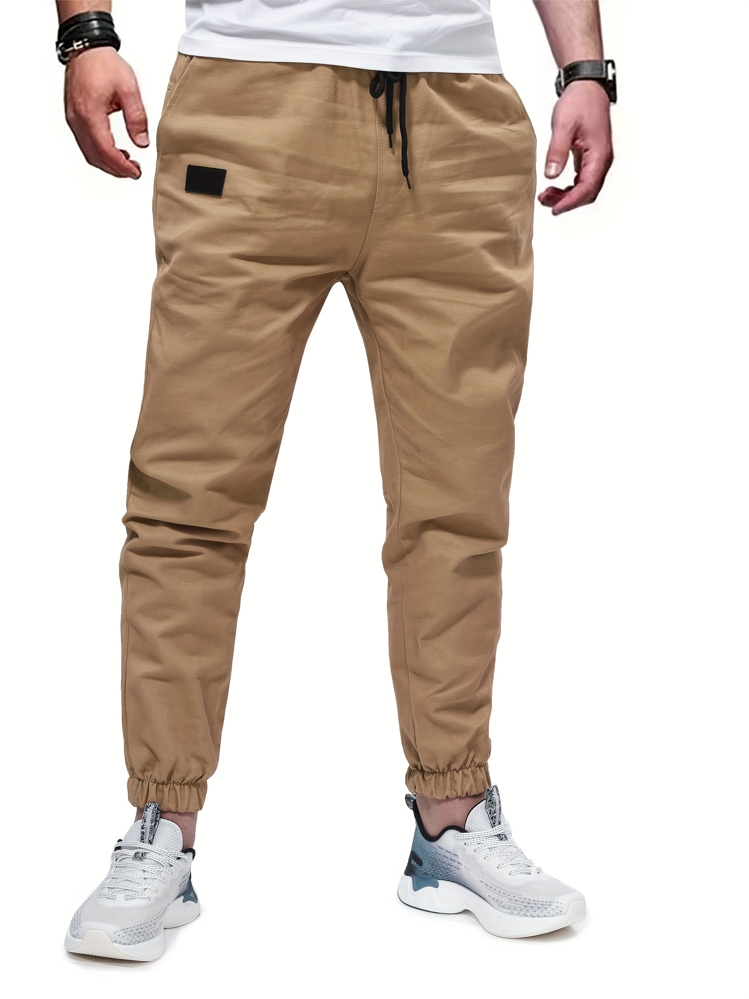Woven Cotton Blend Joggers Men's Casual Solid Color Slightly - Temu