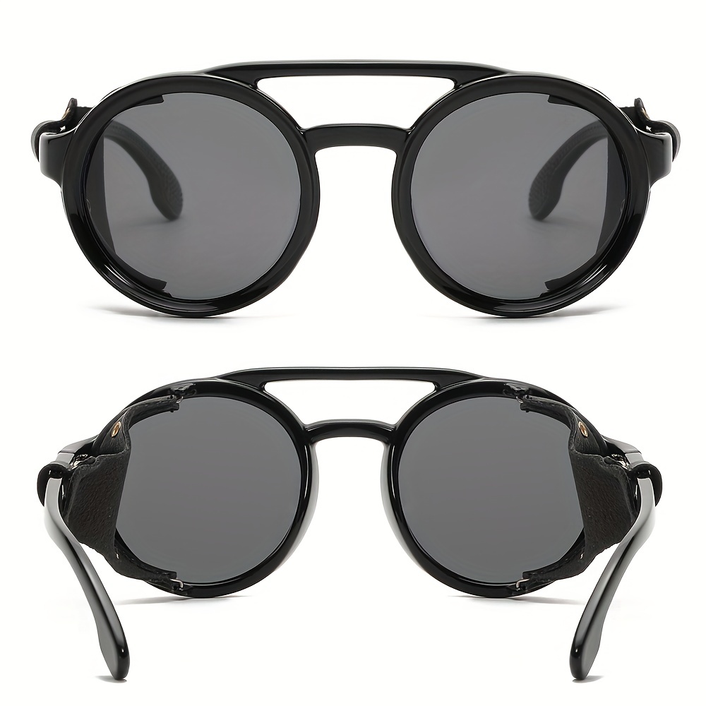 Vintage Steam Punk Style Round Polarized Sunglasses with Leather Side Shield