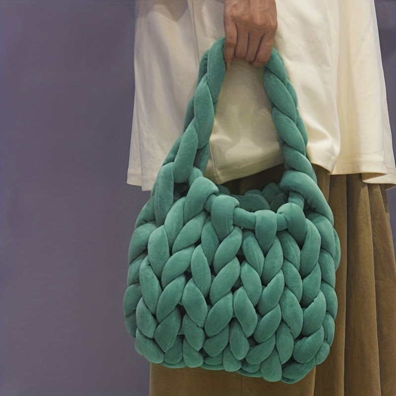 Chunky padded velvet yarn knitted handmade tote bag