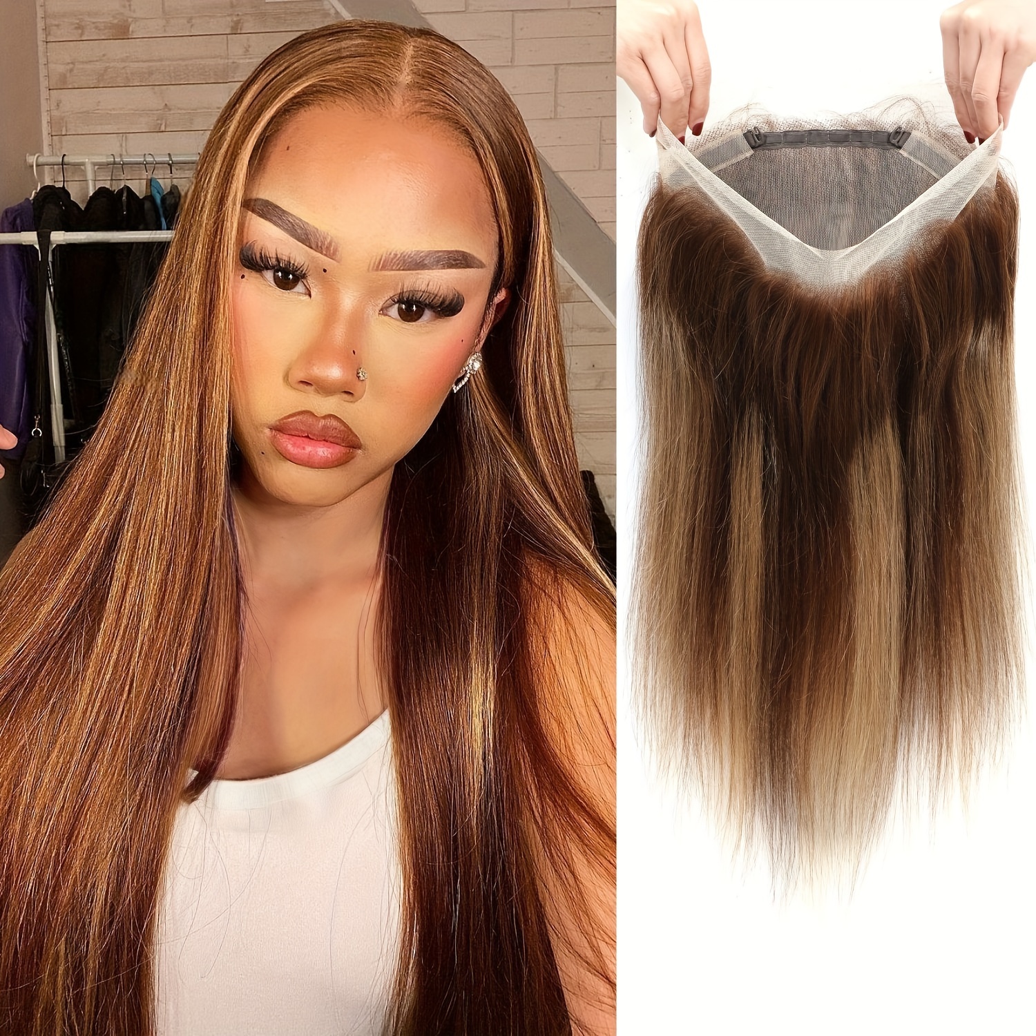 360 Lace Frontal Closure P4/27 Color Straight Human Hair - Temu
