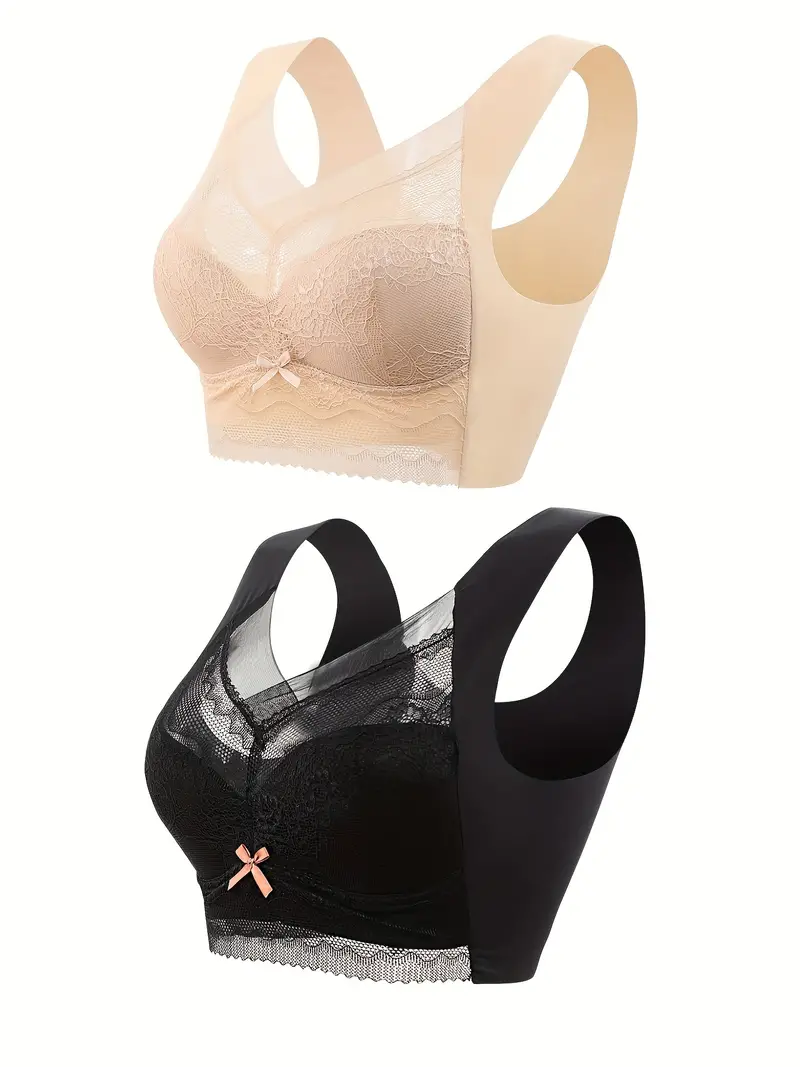 2pcs Contrast Lace Wireless Bras, Comfy & Breathable Full Coverage Bra,  Women's Lingerie & Underwear