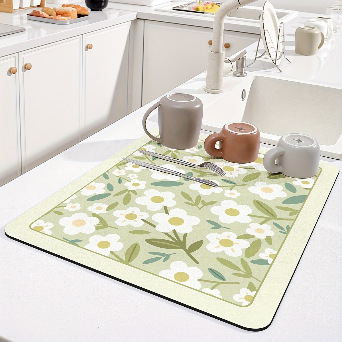 Dexi Dish Drying Mat For Kitchen Counter Floral Placemat, Non-slip