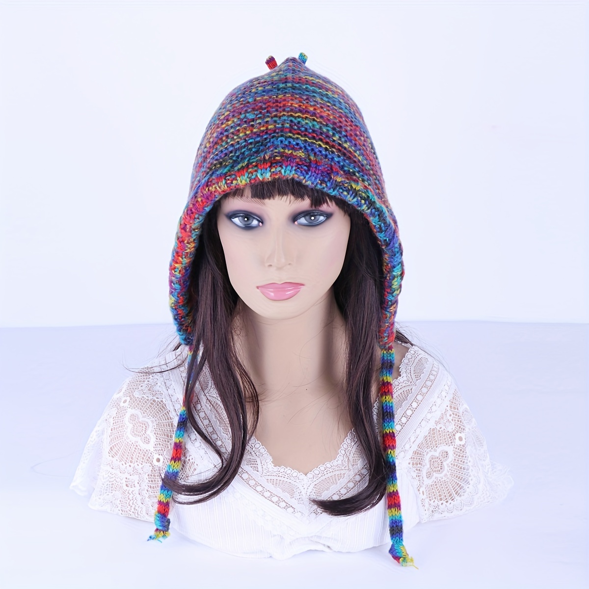 Vintage Rainbow Striped Beanies Classic Mixed Color Ear Flap Hat Elastic Skull Knit Hats For Women