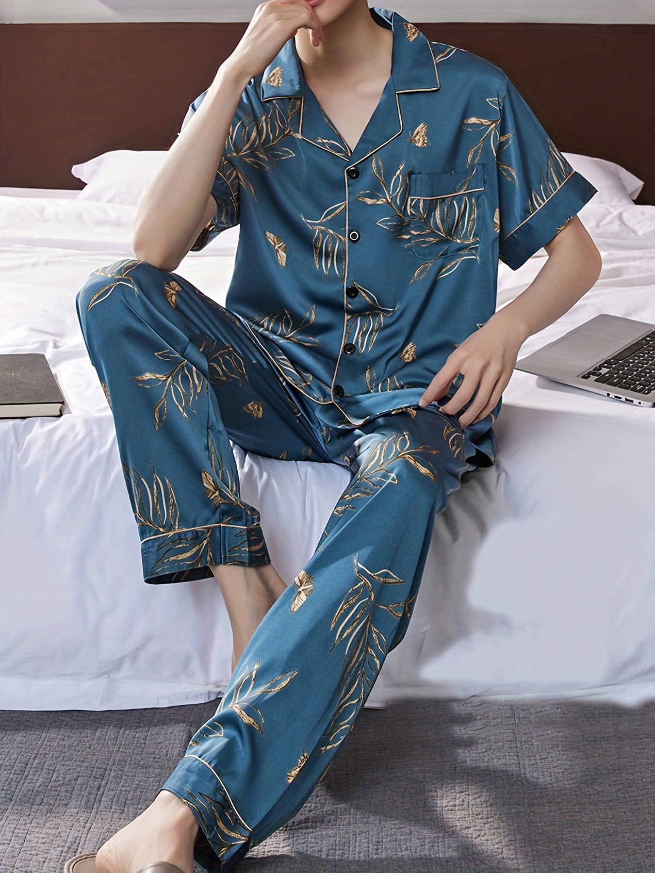 Men's Short Sleeve Floral Print Pajamas Summer Casual Button - Temu