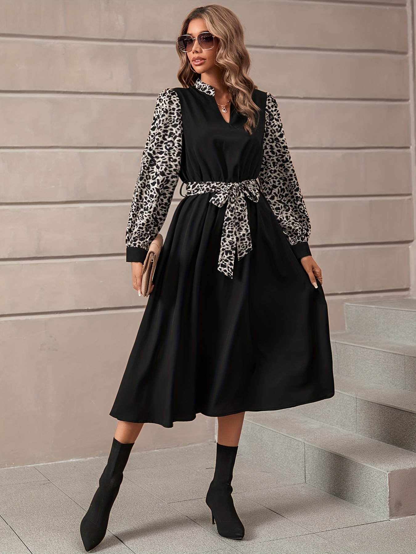 Leopard Print Splicing Dress Elegant V Neck Flared Dress - Temu