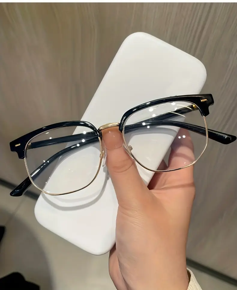 Vintage Style Half Frame Clear Lens Glasses – Black & Gold Retro Reader Or Blue Light Frames