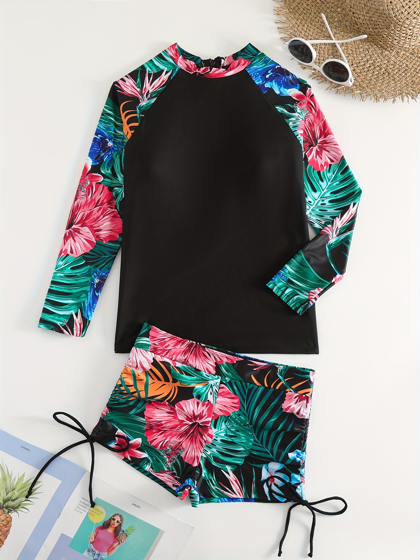 Tie Dye Print Black Stretchy Swimsuit Long Sleeve Crew Neck - Temu