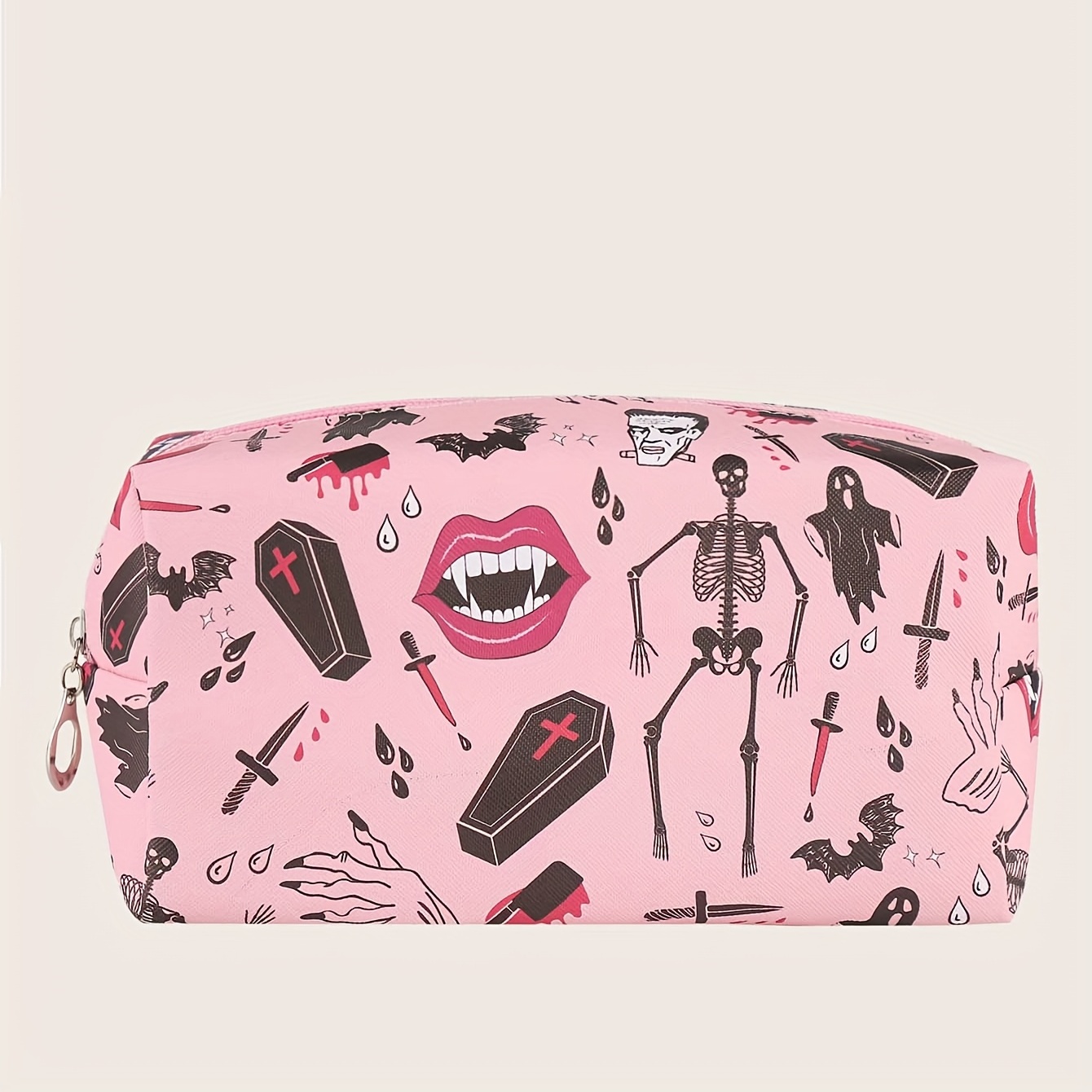 Skeleton Bat Pattern Makeup Bag Pink Square Zipper Pouch