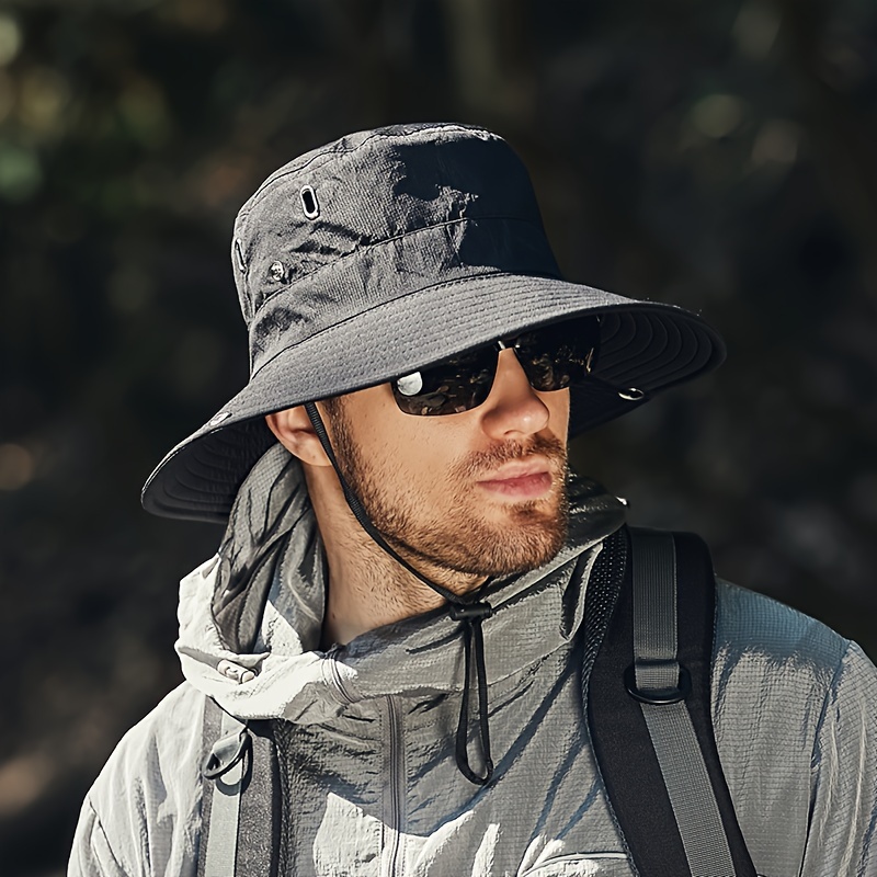 Black Sporty 1pc Hat, Men's Outdoor Waterproof Wide Brim Bucket Hat Camping Climbing Quick Dry Sunshade Breathable for Fishing,Temu