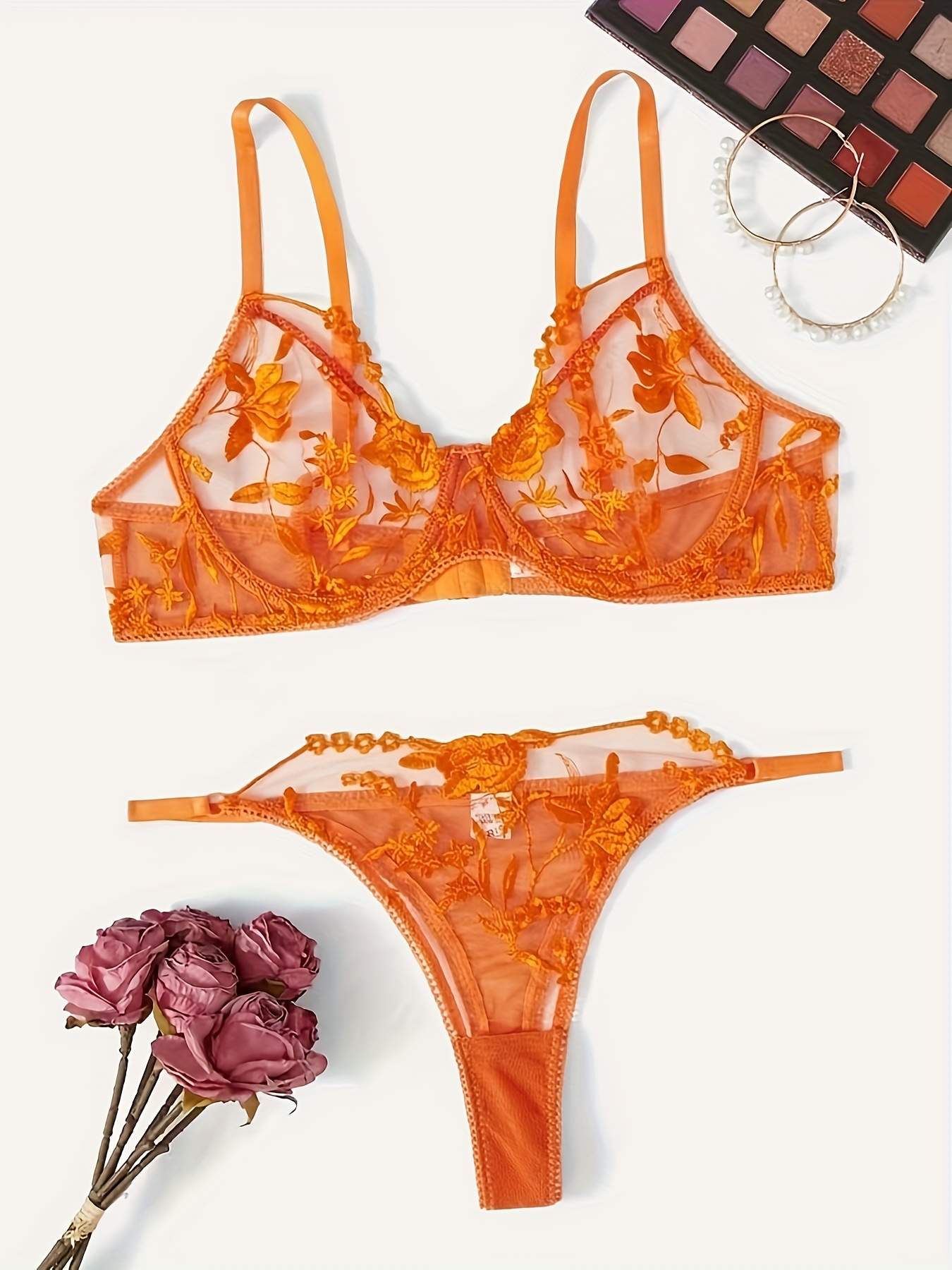 Floral Lace & Mesh Bralette in Orange