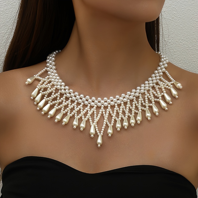 

Gorgeous Style Banquet Braided Tassel Imitation Pearl Necklace Personality Chic Bib Necklace