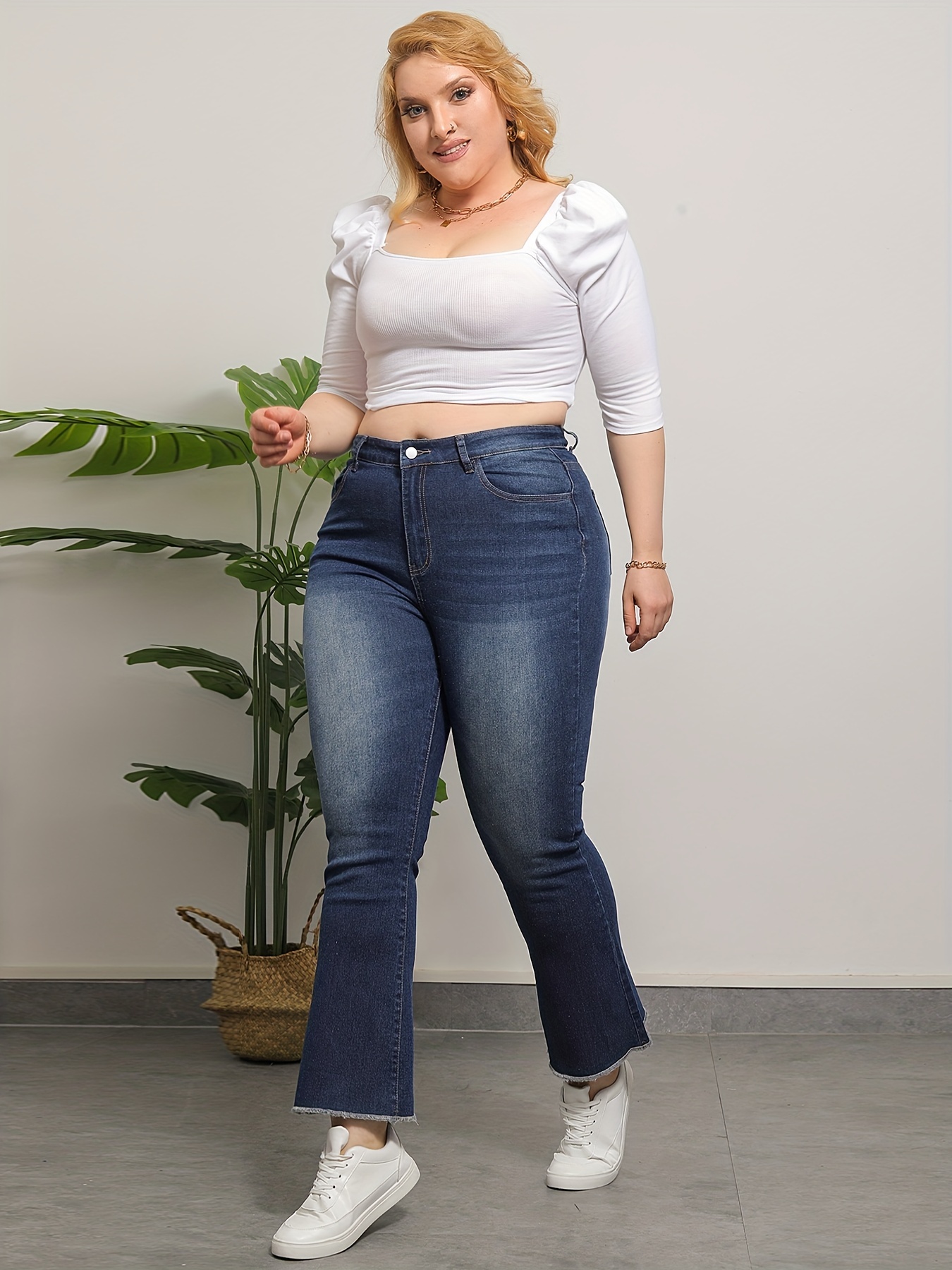 Plus Size Casual Jeans Women's Plus Washed Button Fly Medium