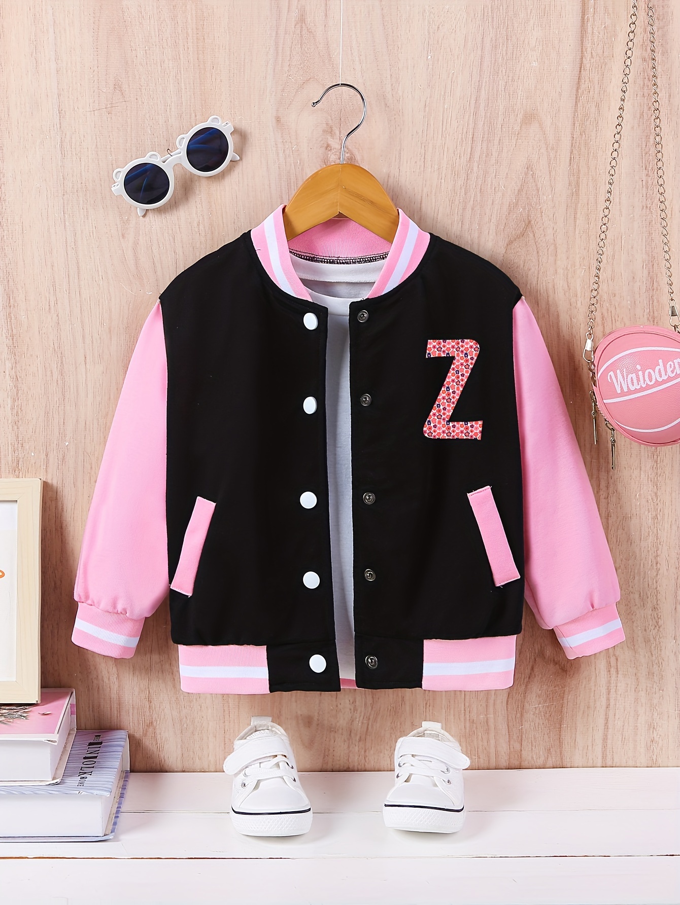 Girls' Pink Black Varsity Jacket with White Piping Z Logo Spring/Fall  Letterman Swe Coat, Machine Washable Button-Front Jacket for Sports Teams,
