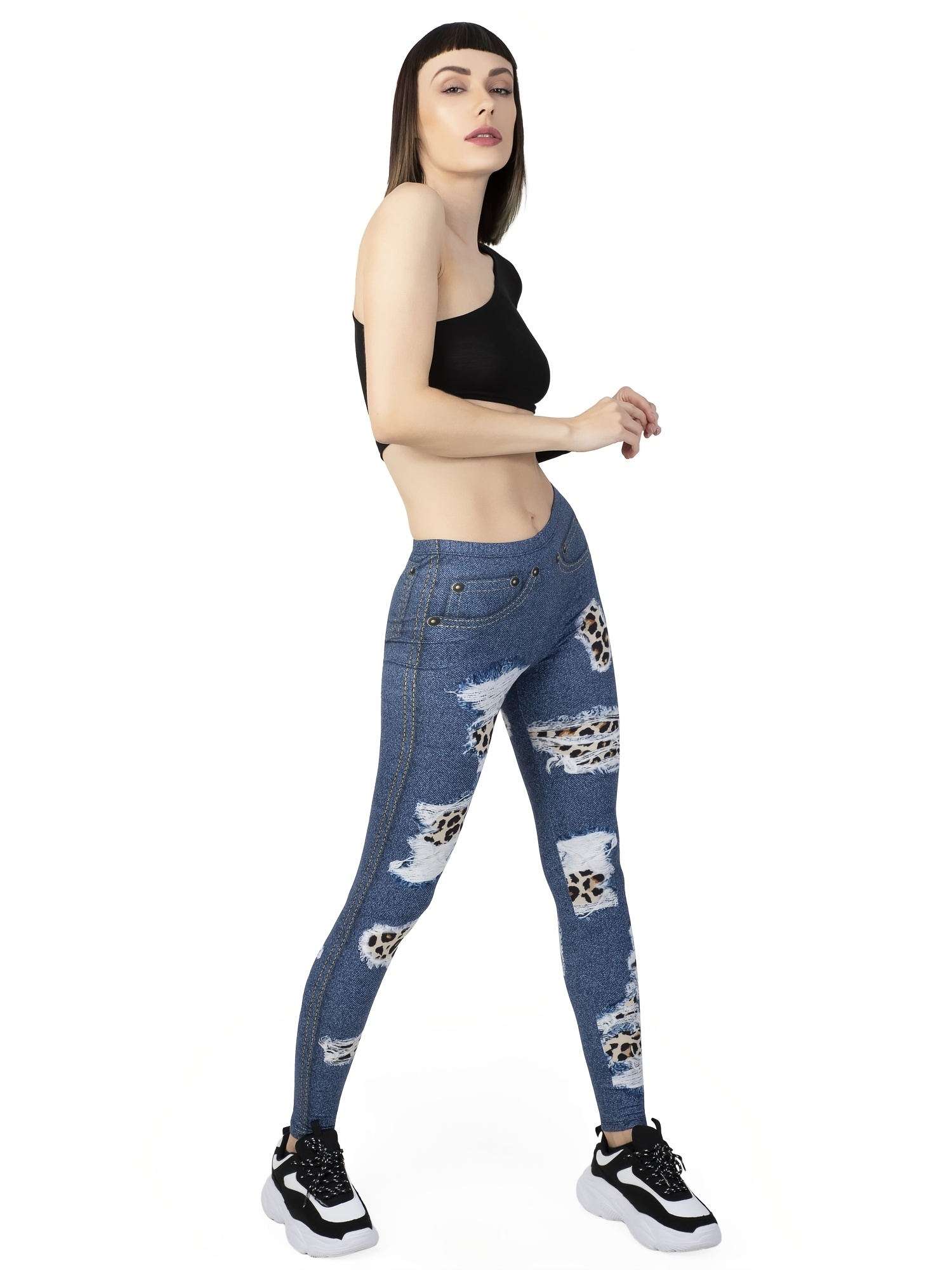 Women's Leggings Faux Denim Floral Printed Yoga Pants Casual - Temu