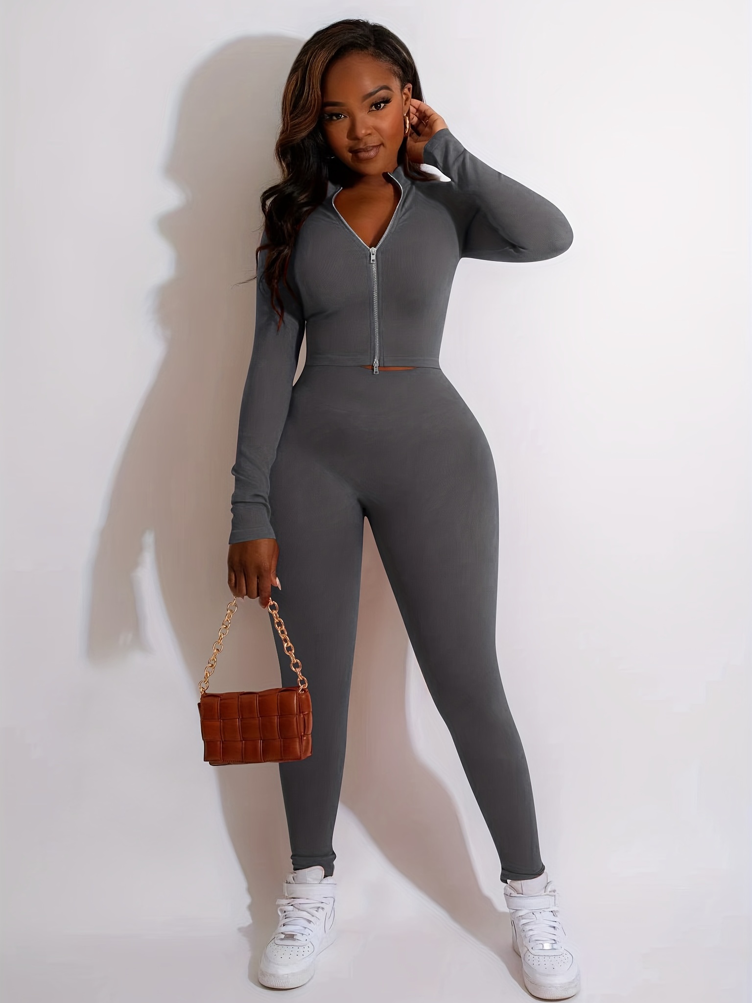 Casual Solid Two piece Set Long Sleeve Crew Neck Jacket - Temu