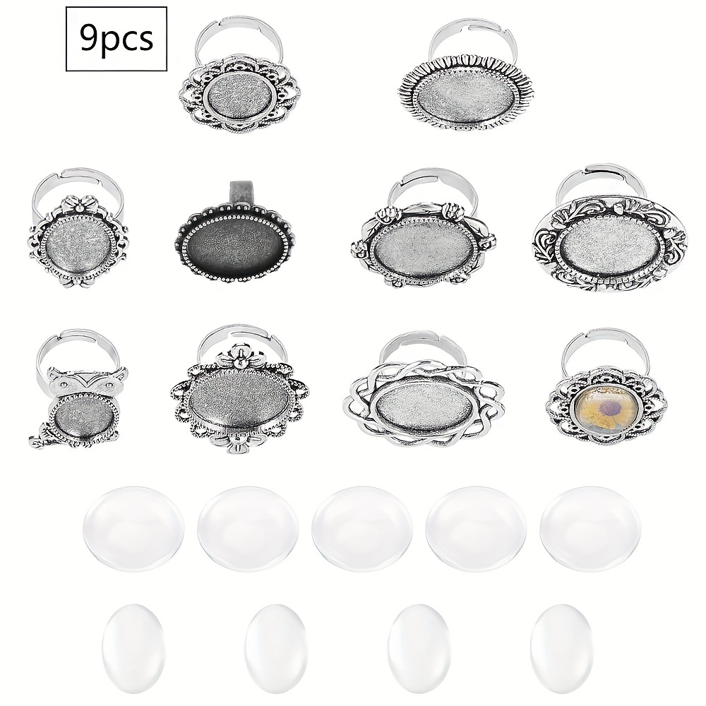 1Box/40pcs DIY Natural Gemstone Finger Ring Making Kits, Including  Adjustable Brass Ring Components, And 10 Styles Cabochons Platinum Size  7*17mm Tray