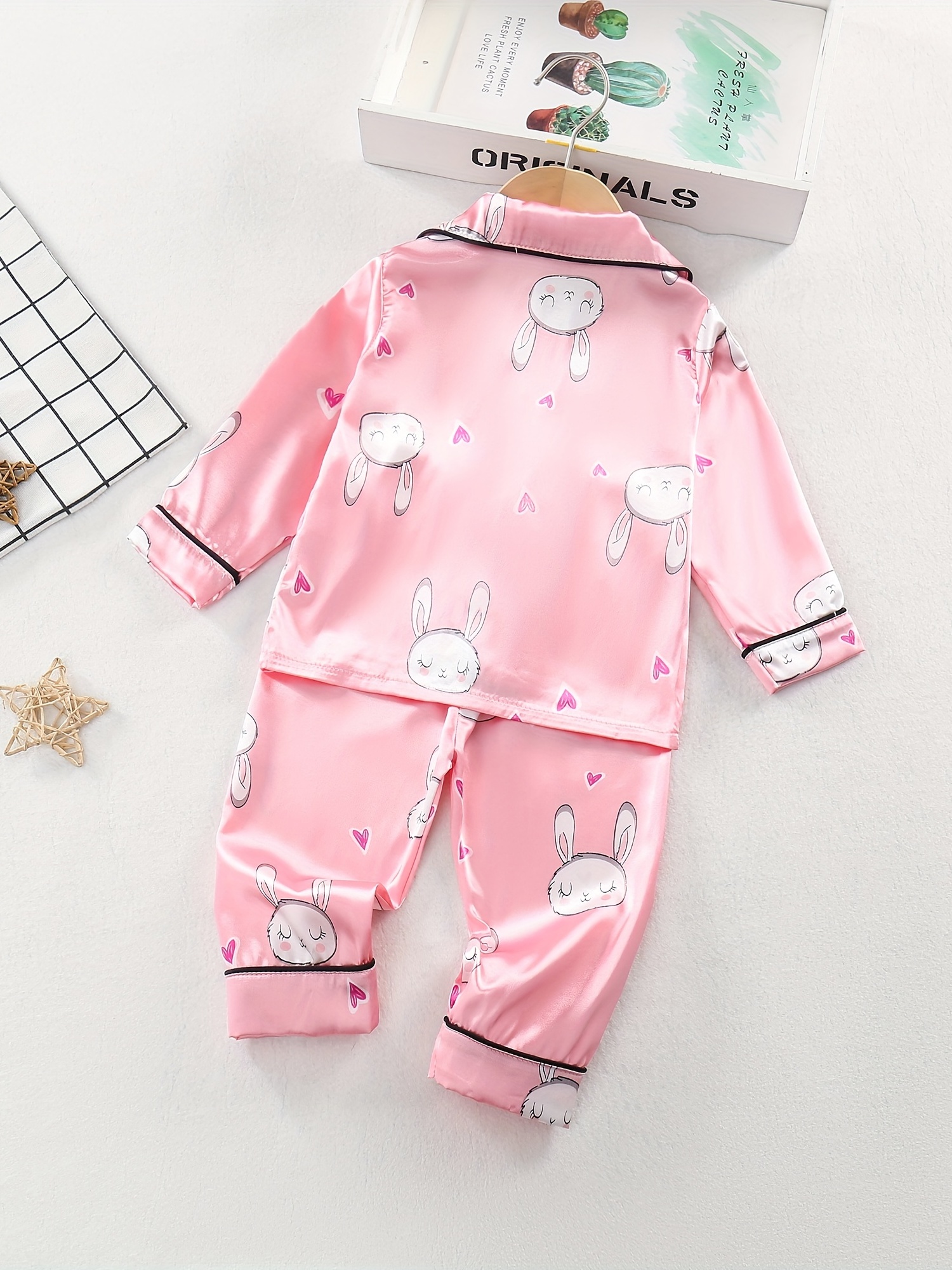 Girl's Rabbit Pattern 2pcs Button Front Long Sleeve Top & Pants Set