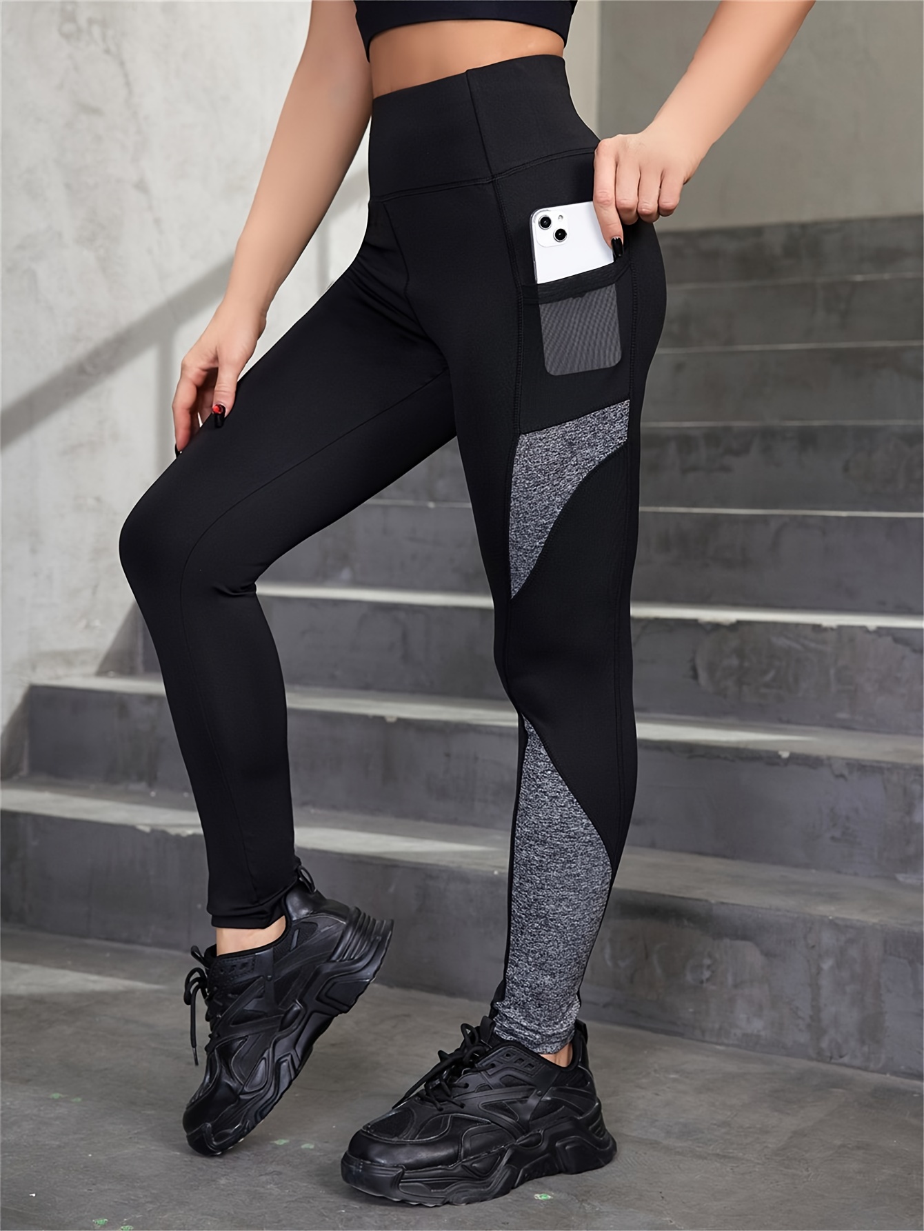 High rise color block athletic leggings with side pocket det (7304302)