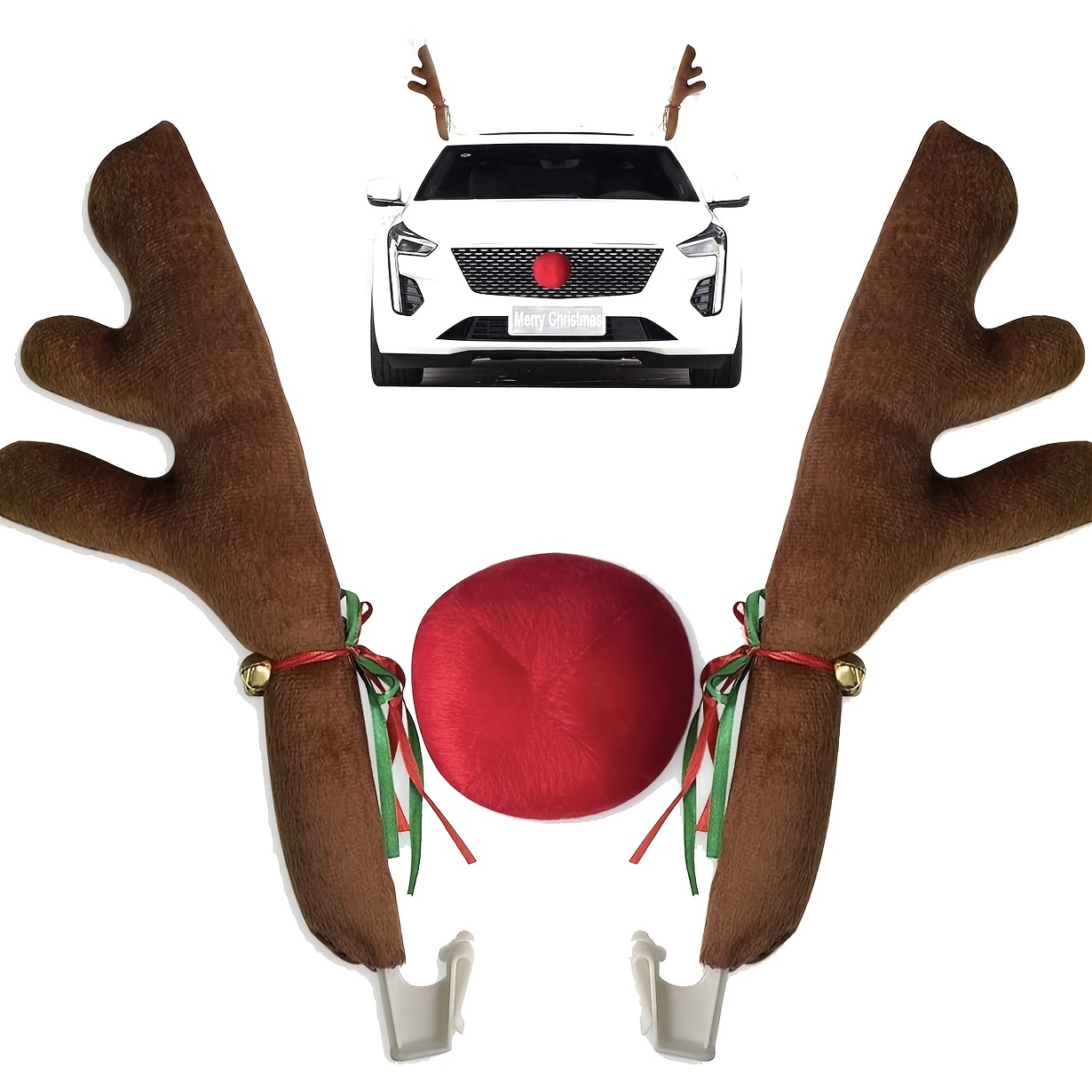 Car Reindeer Antler Decorations, Vehicle Xmas Decorations Auto Decoration  Reindeer Kit with Jingle Bells Rudolph Reindeer Red Nose and Tail for Car  Accessories Christmas Antlers 