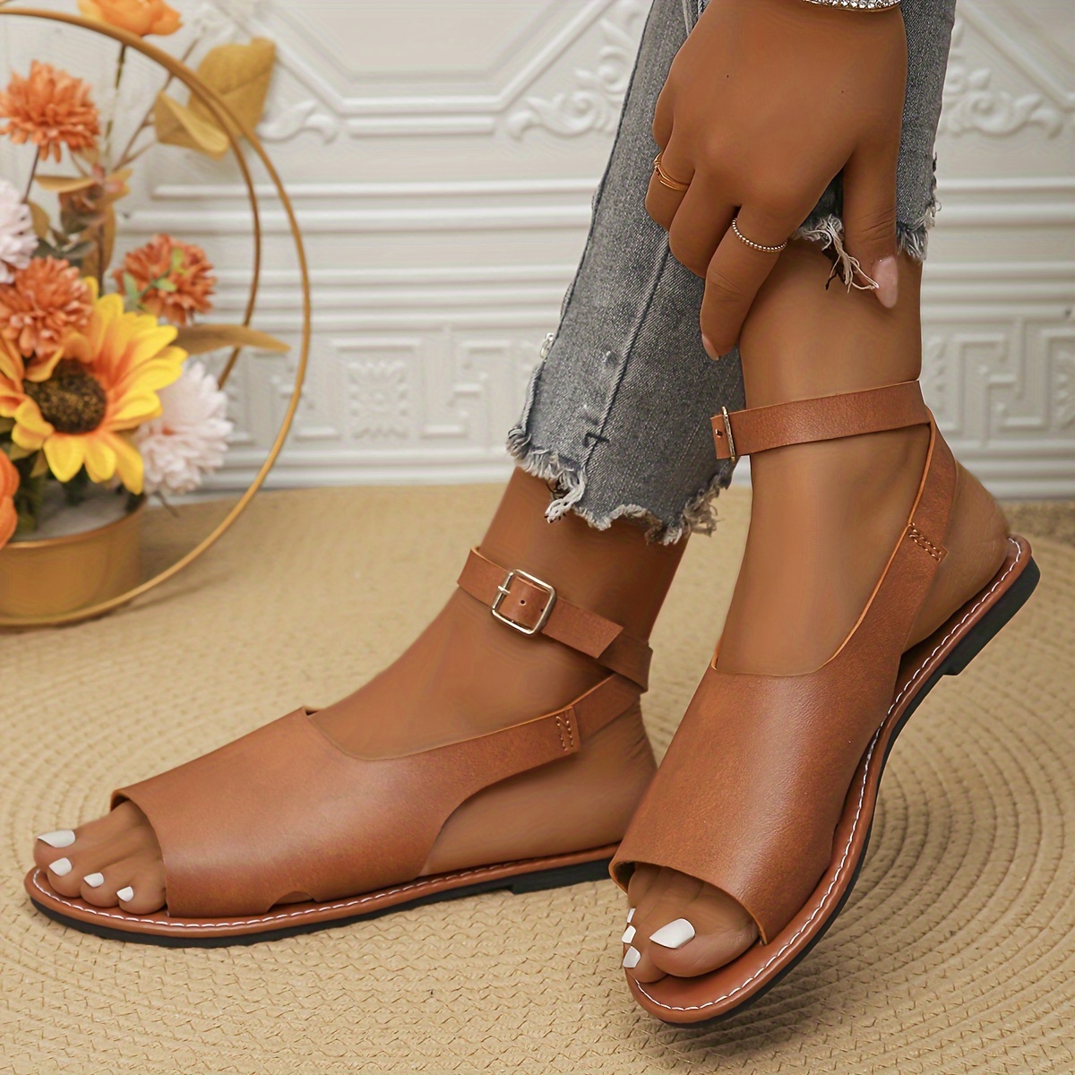 solid color trendy sandals women s ankle buckle strap comfy details 3