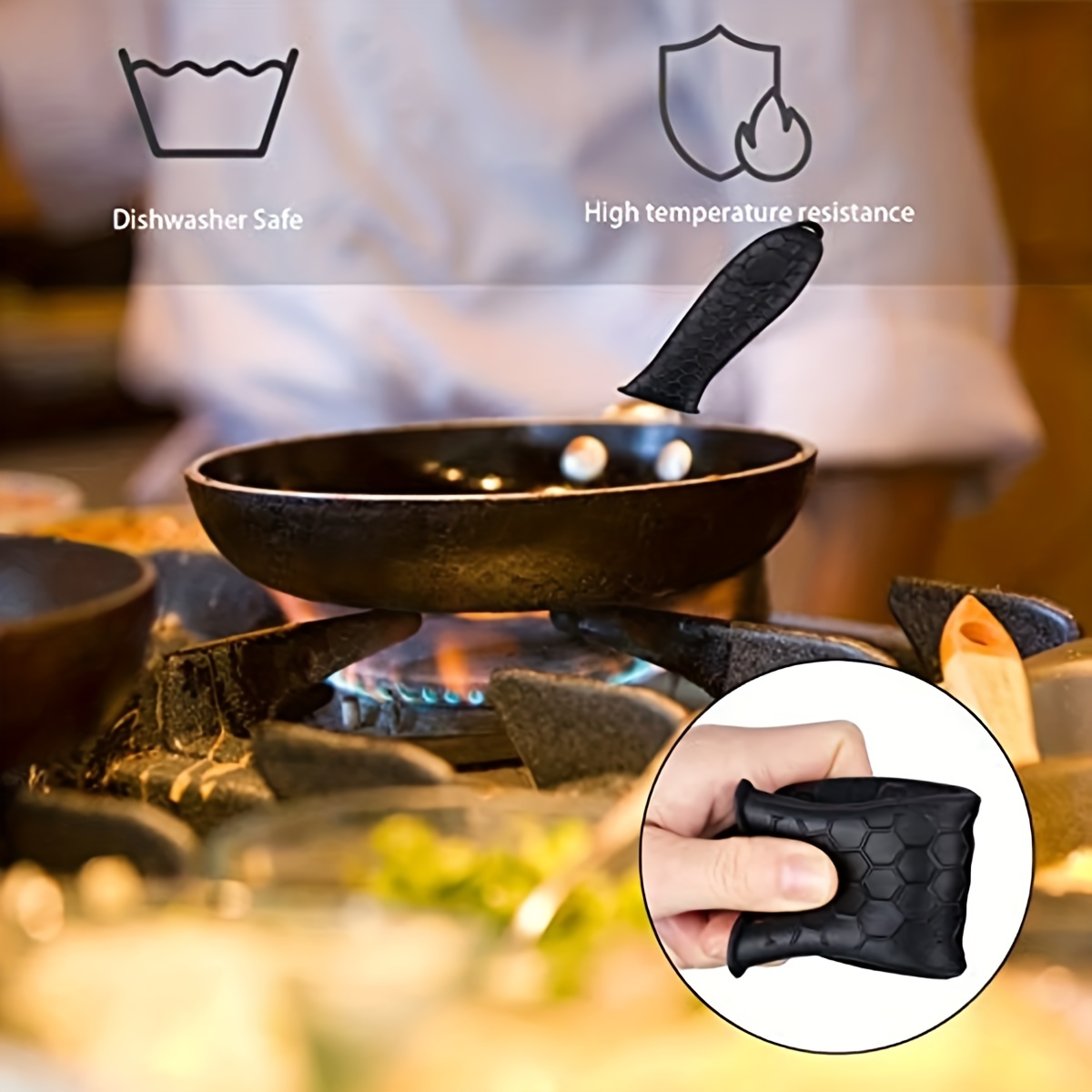 Cast Iron Skillet Handle Covers Set Non-Slip Silicone Pot Holder Resistant  for Kitchen for Pans Griddles Cookware Black