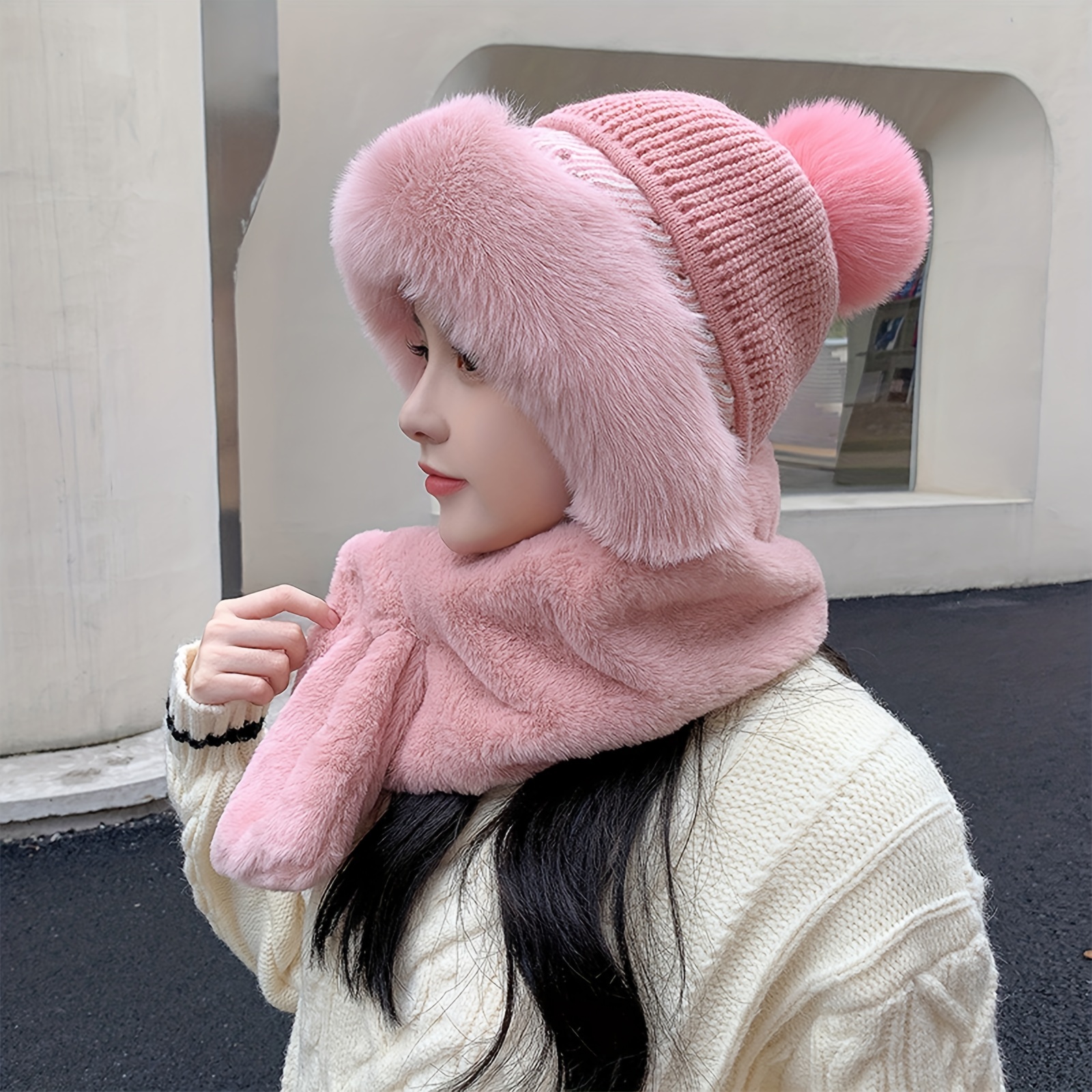 Thick Faux Fur Hooded Scarf Winter Warm Beanie With Pom Trendy Solid Color Knit Hats Ear Warmer Skull Beanies For Women Girls Autumn & Winter