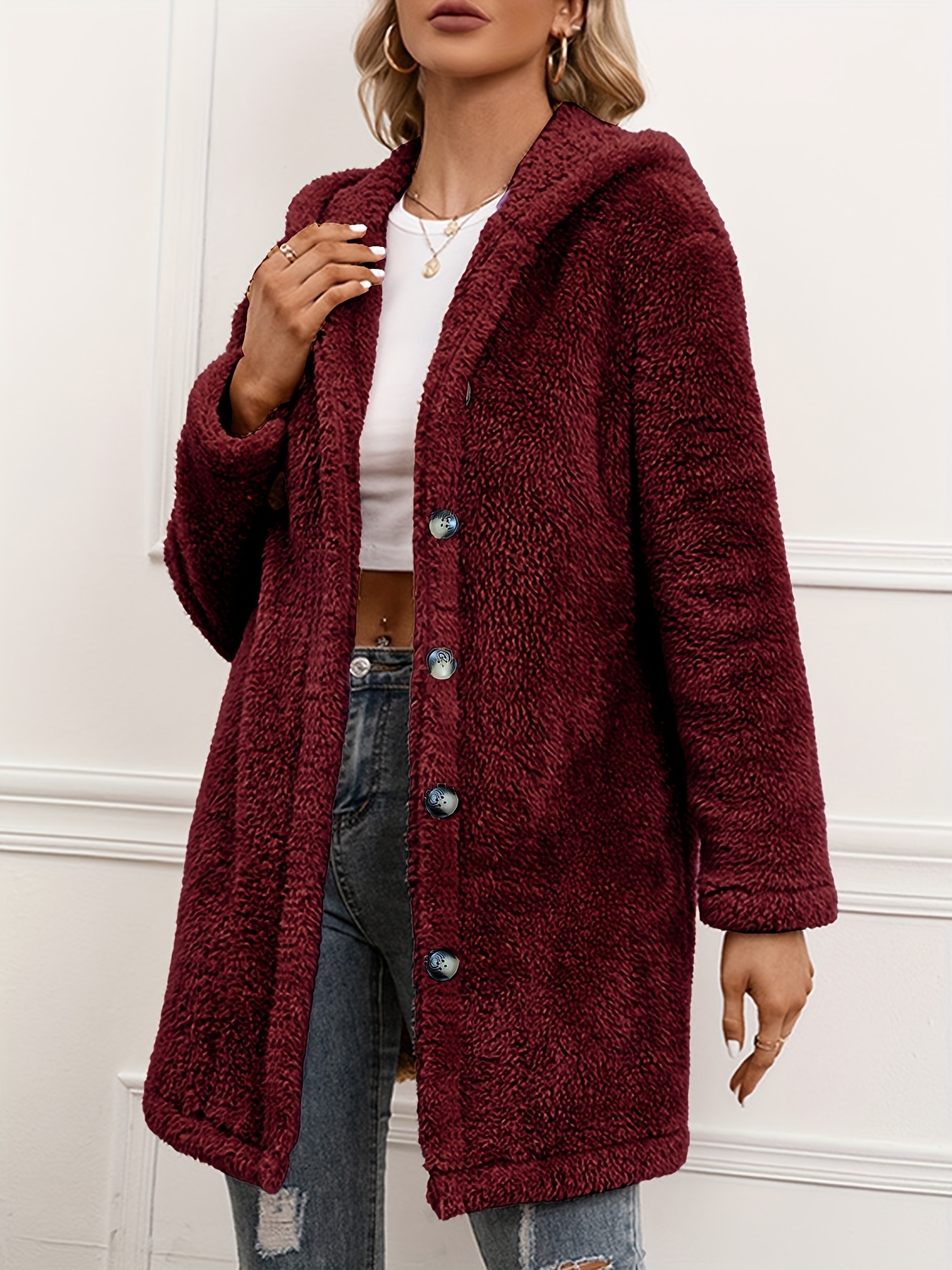 Gemütlicher Doppelseitiger Kunstfell-Mantel mit Kapuze für Damen – Casual  Knopfleiste Cardigan, Langarm für Herbst/Winter
