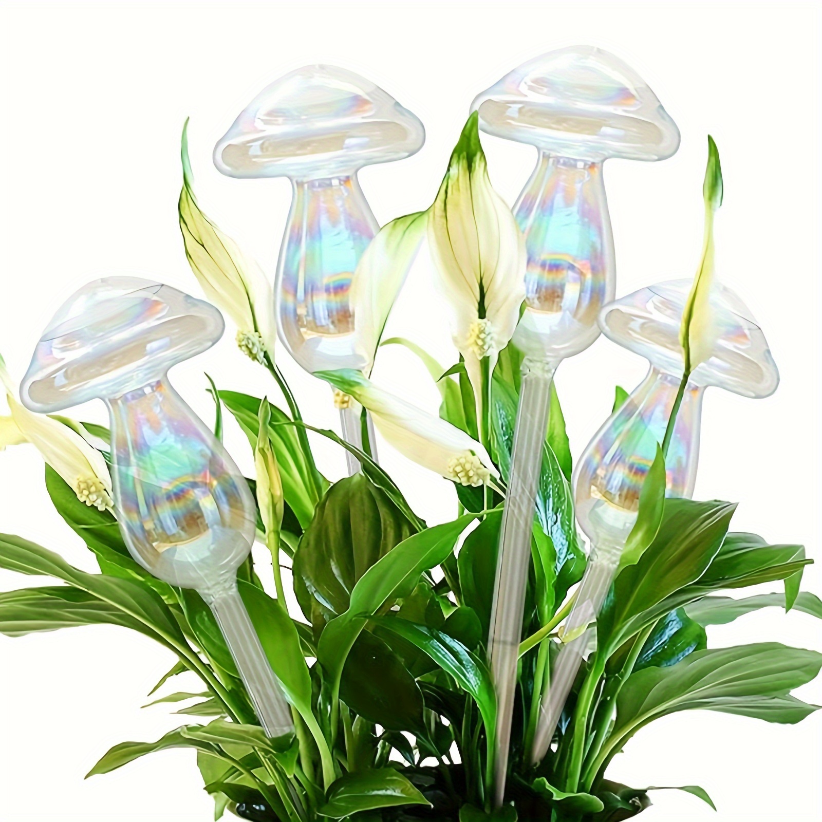 

4pcs, Plant Watering Globes Iridescent Rainbow Gradient Color Clear Mushroom Self Watering Spikes Plant Watering Bulbs Devices For Indoor And Outdoor Plants Measures 9" L X 2.7" D