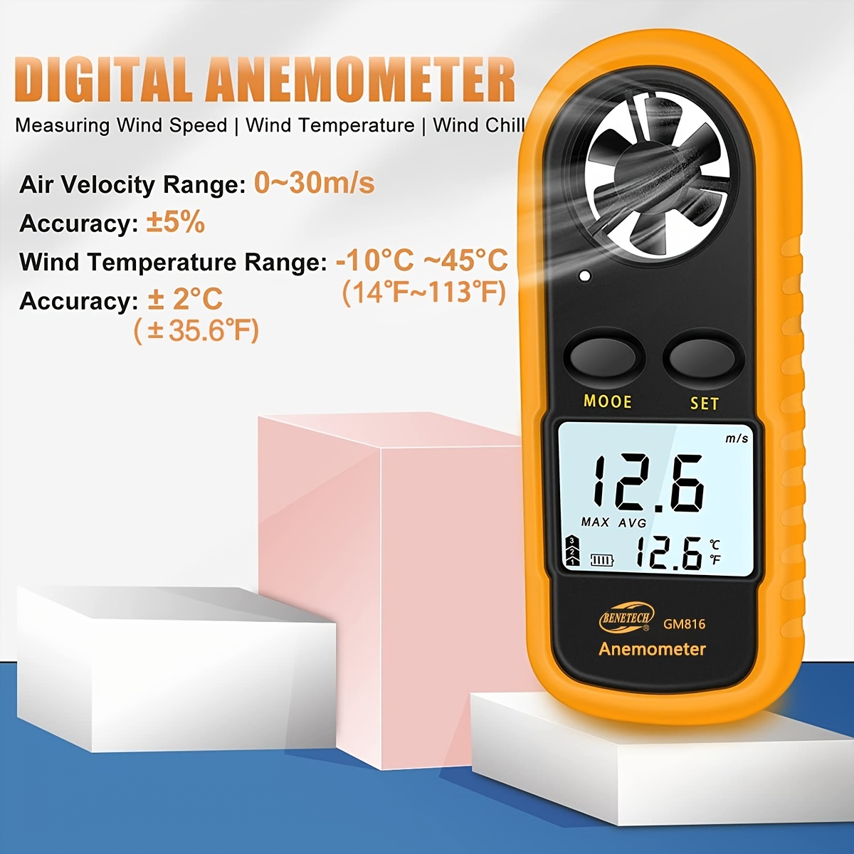 Pocket Anemometer Handheld Mini Wind Speed Temperature Gauge with Digital  LCD Display for Windsurfing Kite Flying Sailing Surfing Fishing