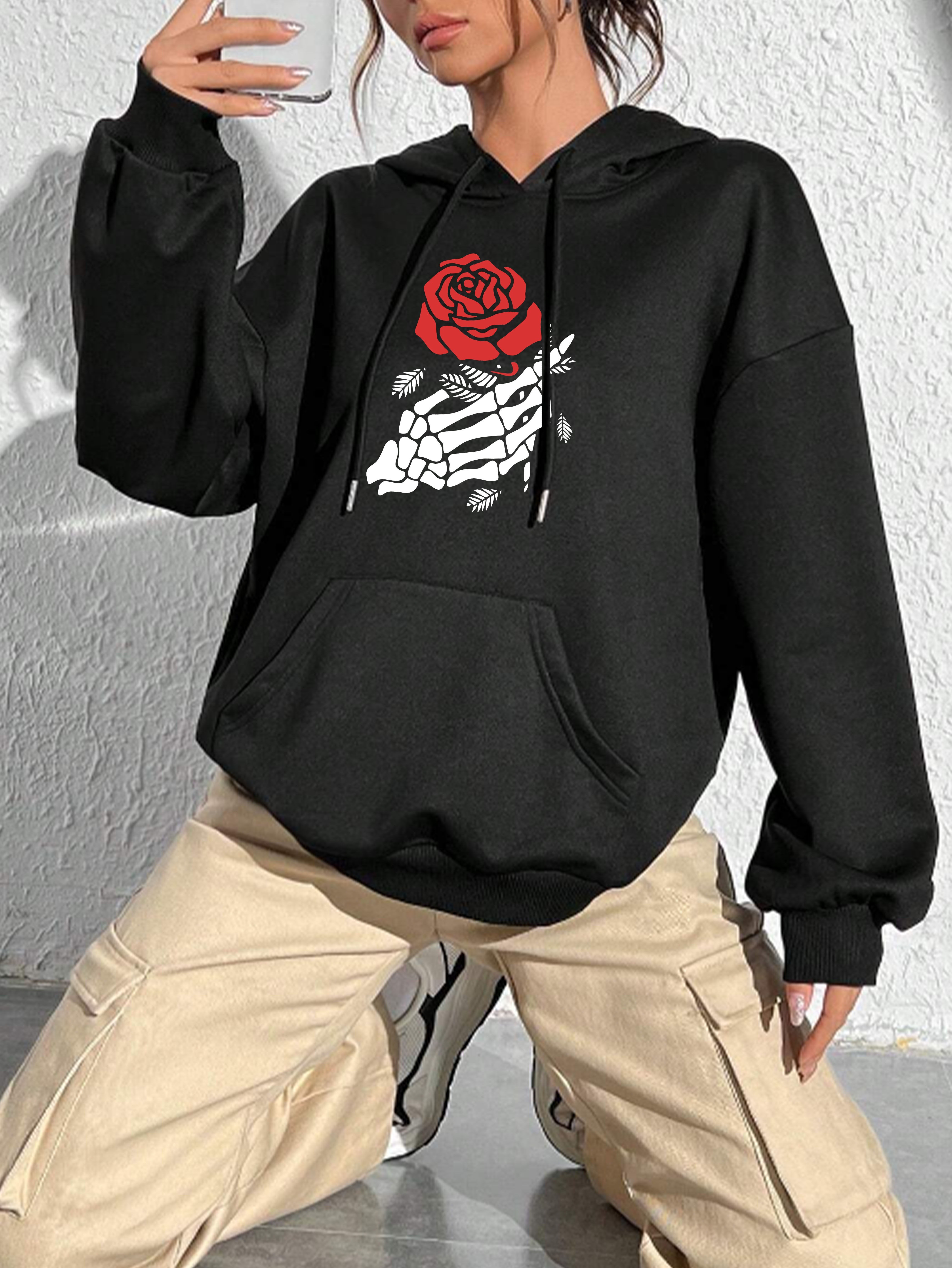 Skull Hand Rose Print Hoodie Casual Pocket Long Sleeve - Temu Australia