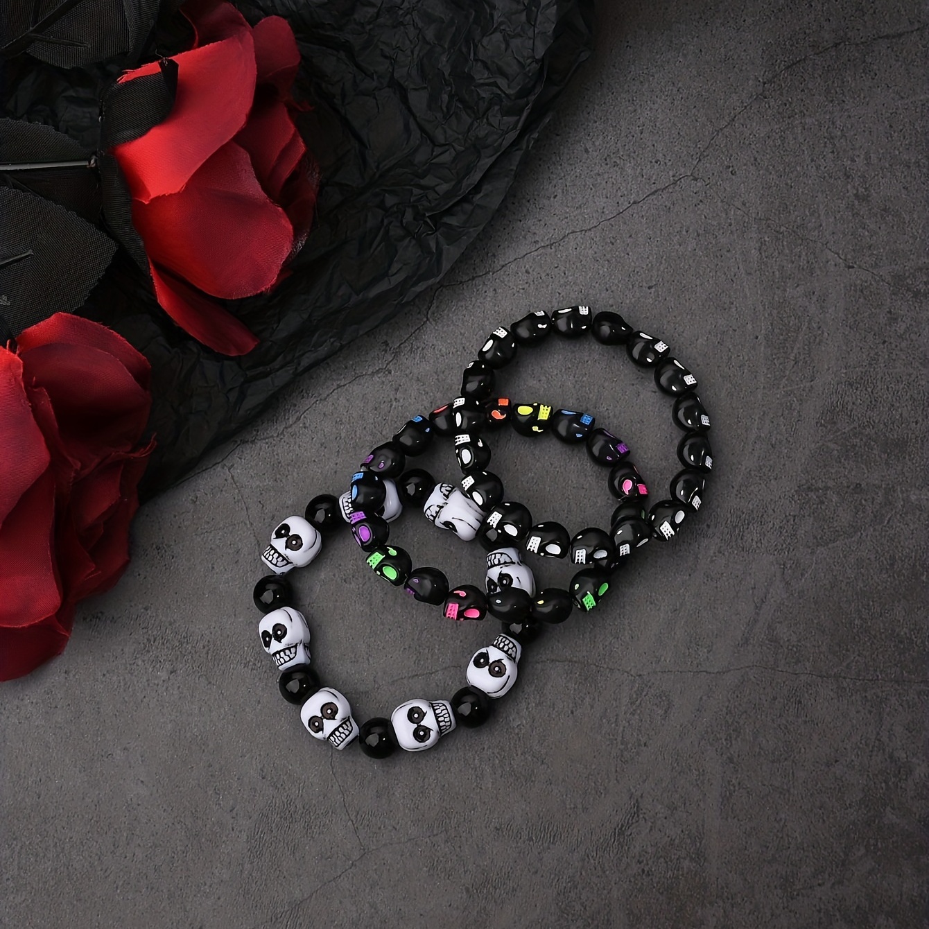 Women's Punk Style Skull Bead Bracelets 3pcs Elastic Stretch Wristbands