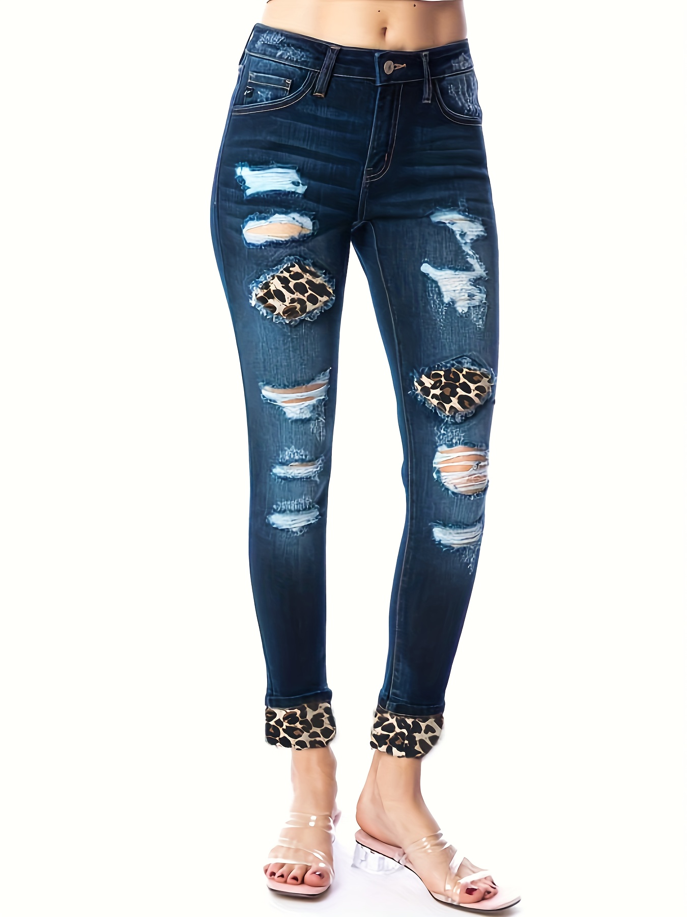 Colorblock Leopard Print High Rise Skinny Jeans