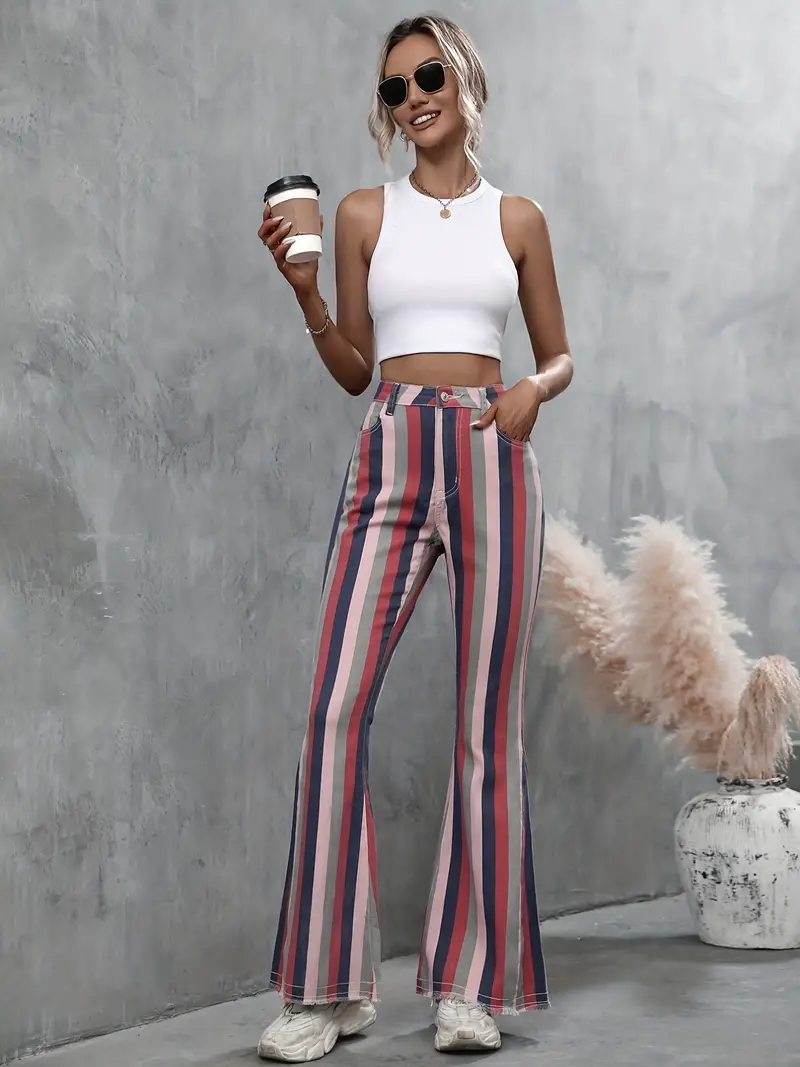 Striped Print Multicolored Flare Jeans * Hem High Stretch High Waist Bell  Bottom Jeans, Women's Denim Jeans & Clothing