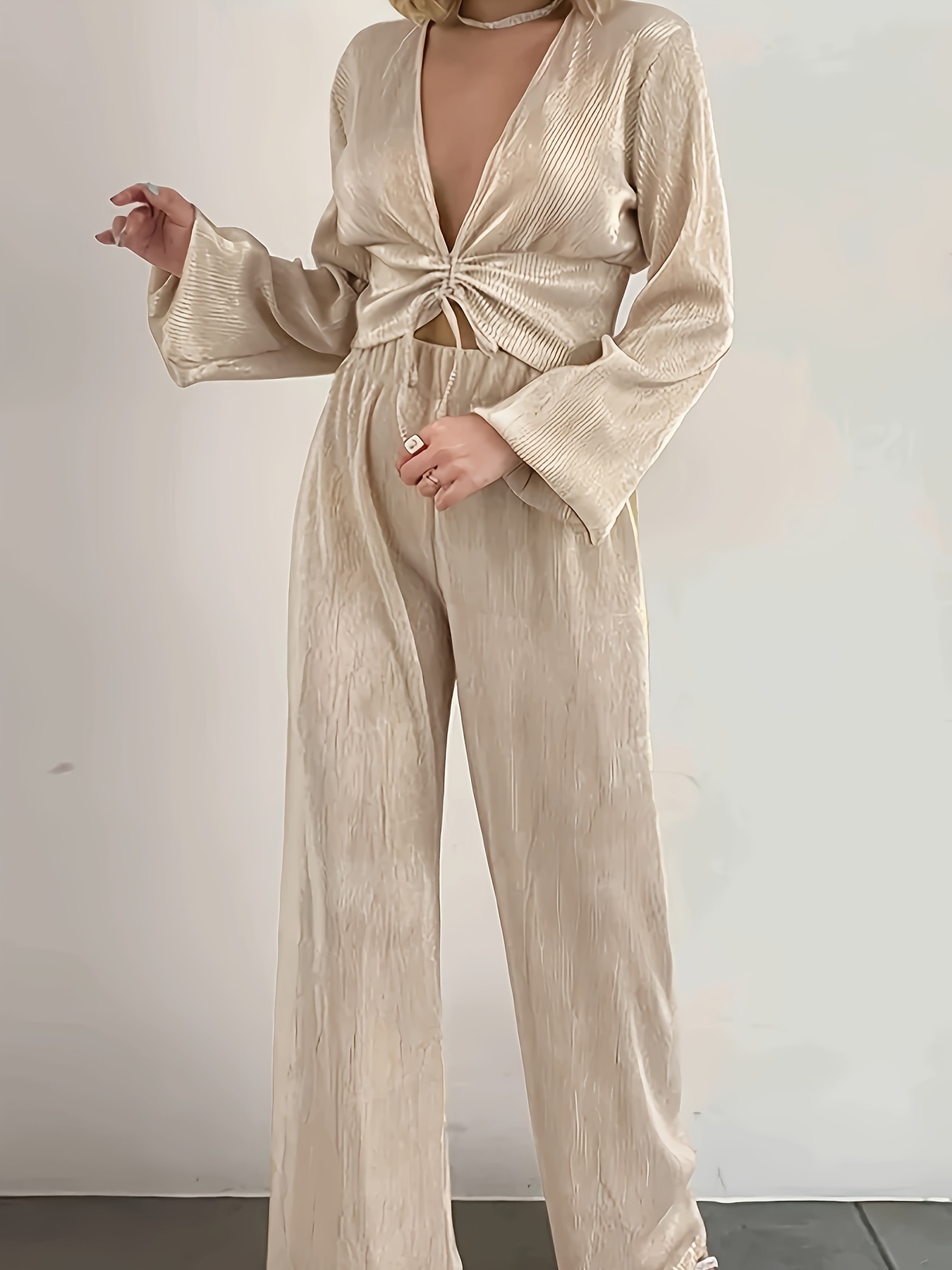 plus size solid two piece pants set long sleeve drawstring - Temu Mauritius