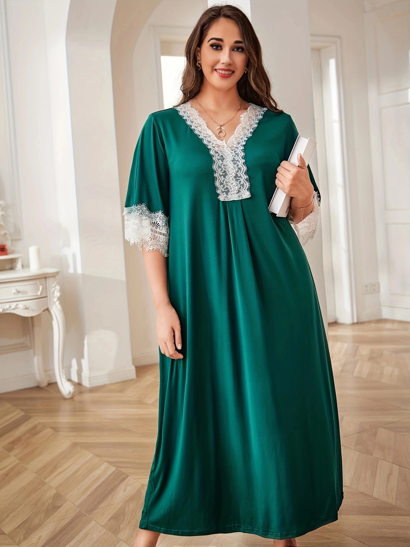 Plus Size Elegant Nightdress Women's Plus V Neck Contrast - Temu