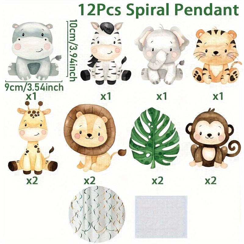 Image of 12pcs, Jungle Animal Birthday Party Spiral Pendant Banner, Happy Birthday Pull Flag Spiral Decor Party Set, Birthday Party Theme Decoration, Birthday Background Photobooth Props, Party Decorations