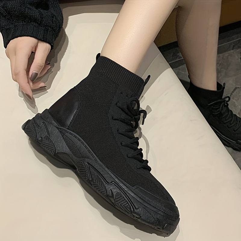 Knitted Ankle Boots Lace Up Combat Boots Elastic Platform Boots