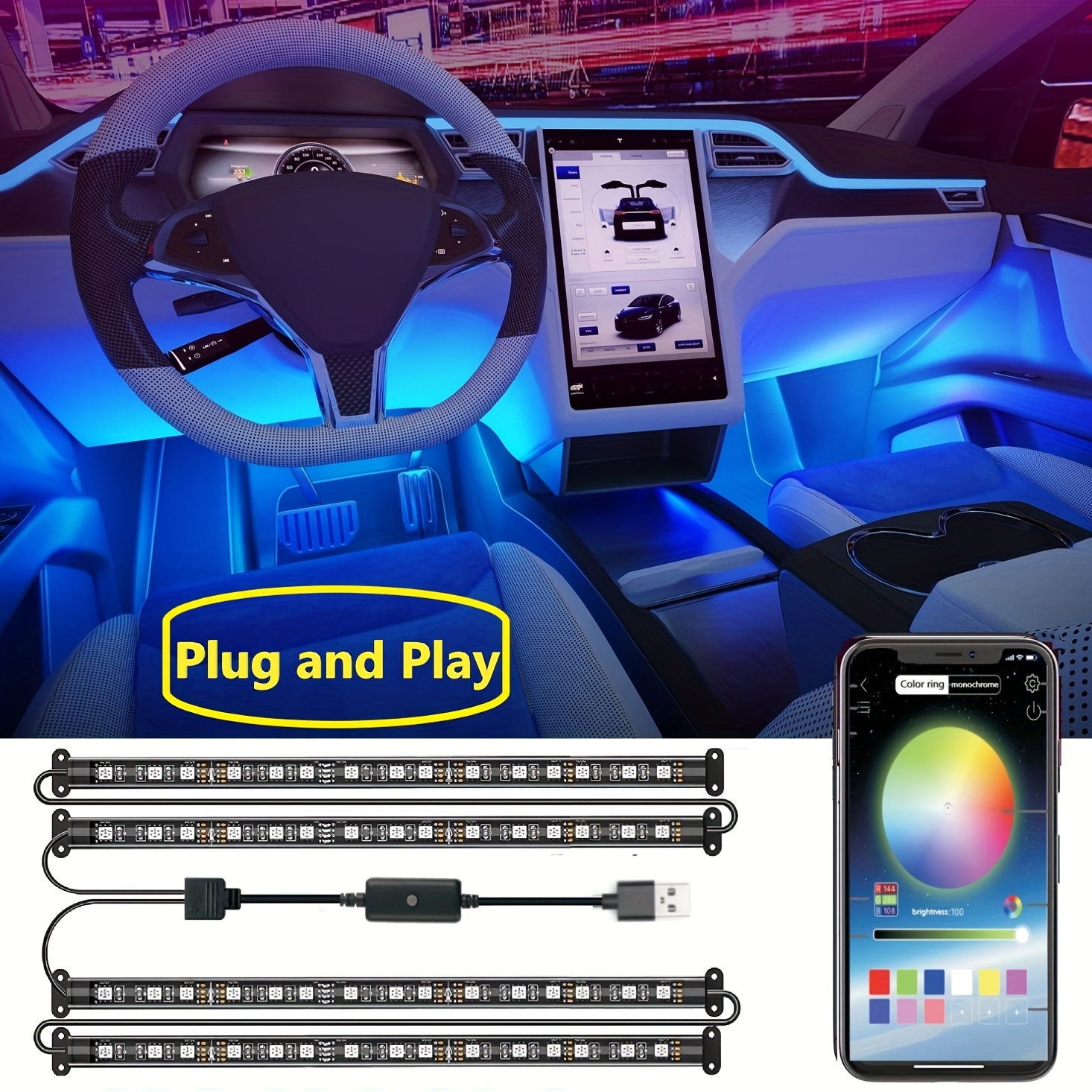 Car Interior 48 Lights Connect Usb Bluetooth App Ambient - Temu Malaysia