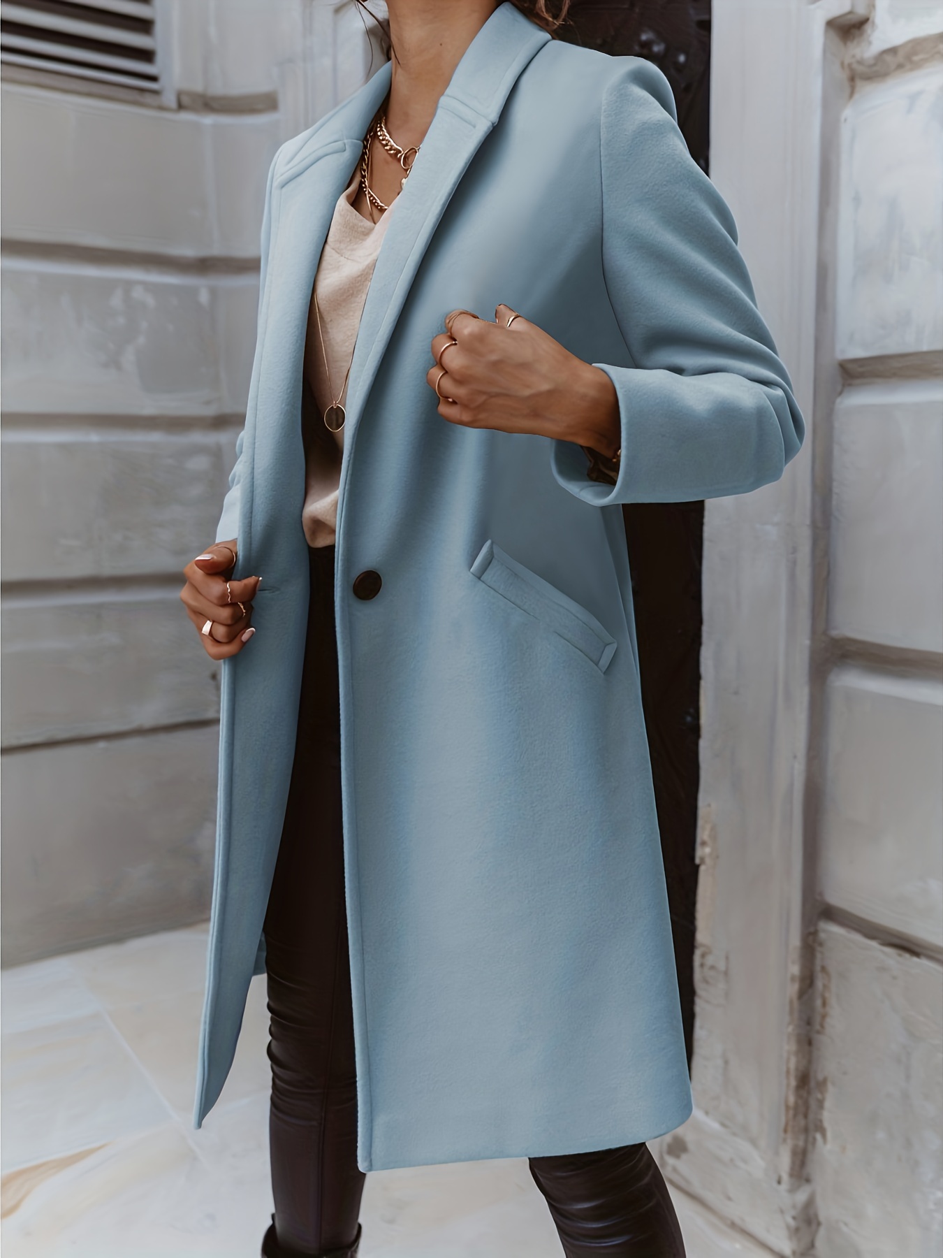 Solid Mid Length Coat, Elegant Open Front Long Sleeve One Button