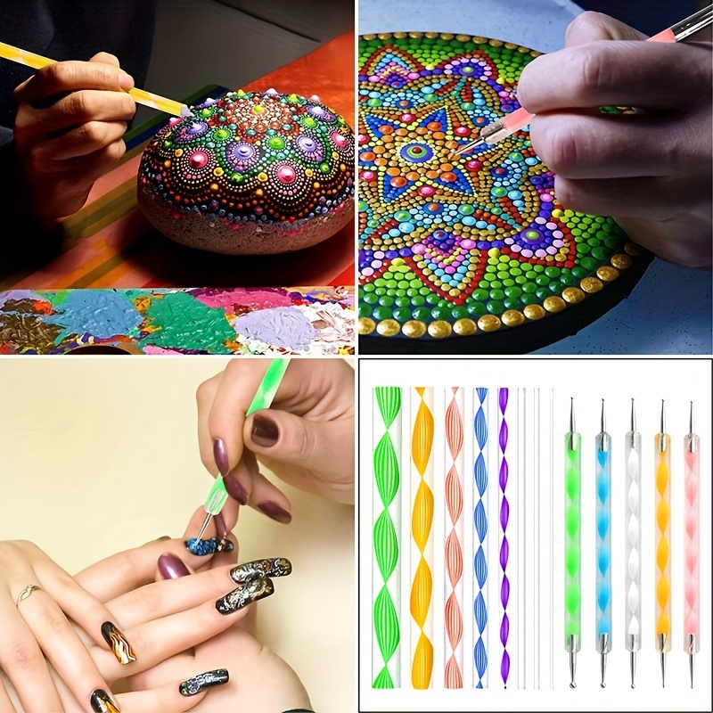 Kit di strumenti per punteggiare mandala, set di 51 pezzi per pittura a  punti, con colori acrilici e borsa per la pittura rupestre, nail art,  disegno