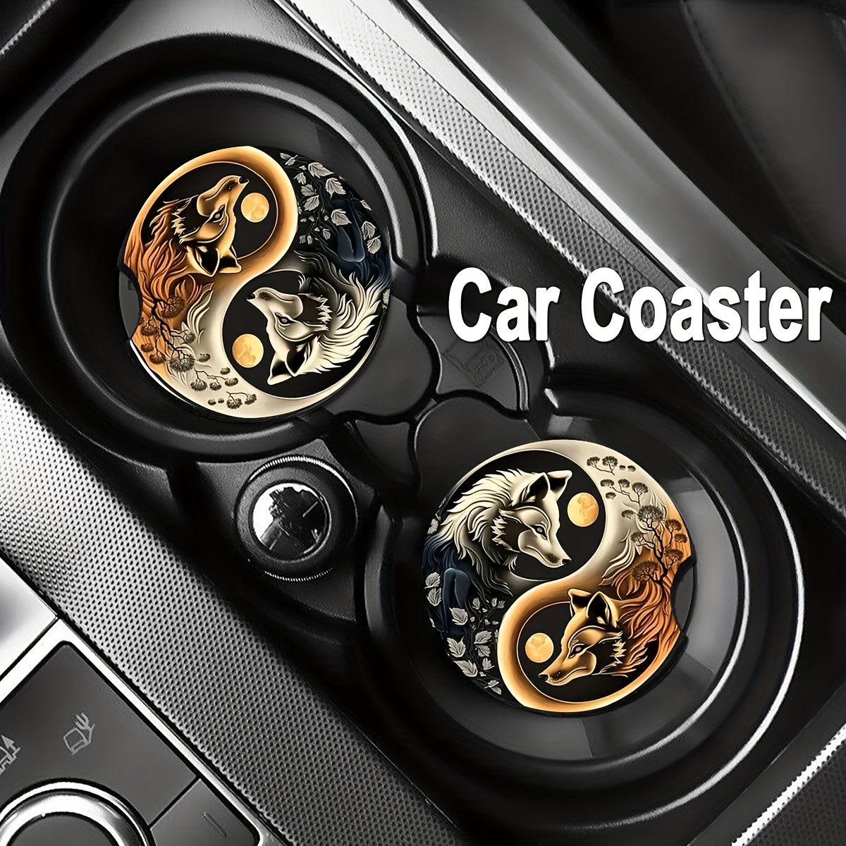 2pcs Ceramic Car Cup Holder Coasters Non Slip Coasters Portable Coasters  With Finger Groove And Cork Base Cute Car Accessories Golden Flower, Discounts For Everyone