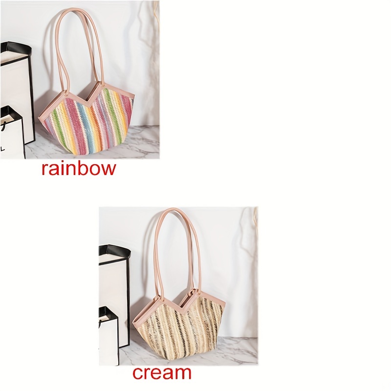 Multicolor Shoulder Tote Bag with Colorblock Woven Design for Vacation