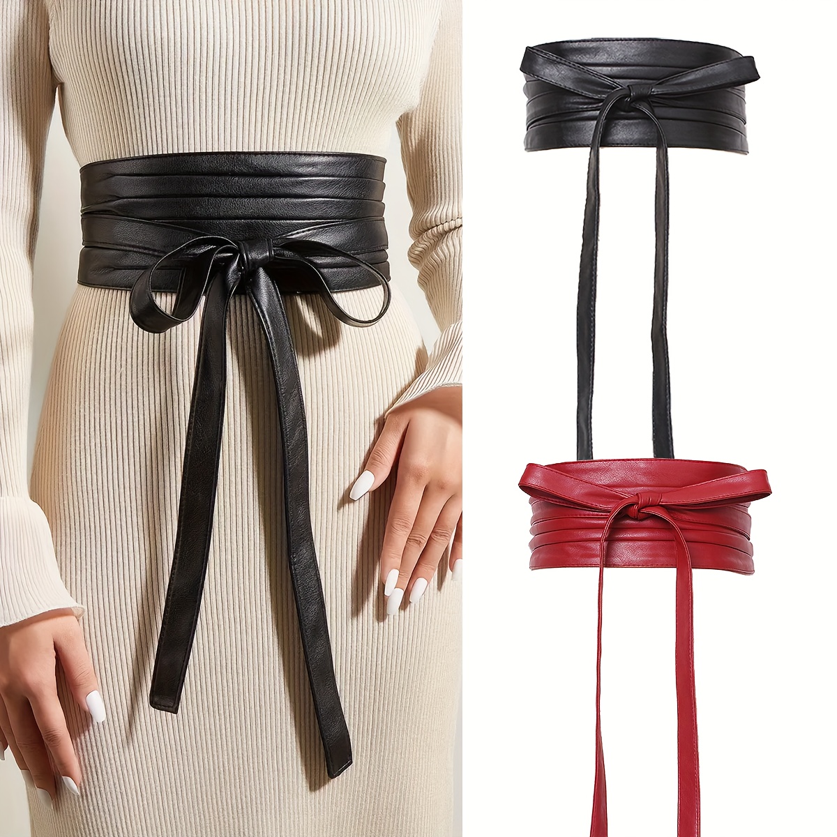 PU Leather Obi Belt Woman Boho Waist Belt Wide Corset Bow Tie Adjustable  Belt Dress Skirt Decoration Belt