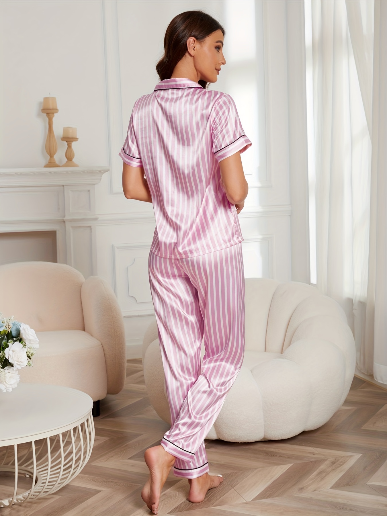 Stripe Print Satin Pajama Set Comfort Short Sleeve Pocket - Temu