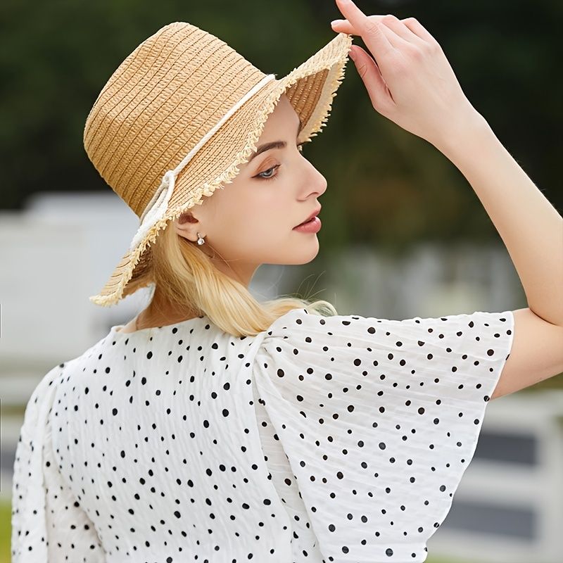 Khaki Frayed Sun Hat Wide Brim Beach Travel Straw Hat French Style Elegant  Women Easter Hats | Check Out Today's Deals Now | Temu