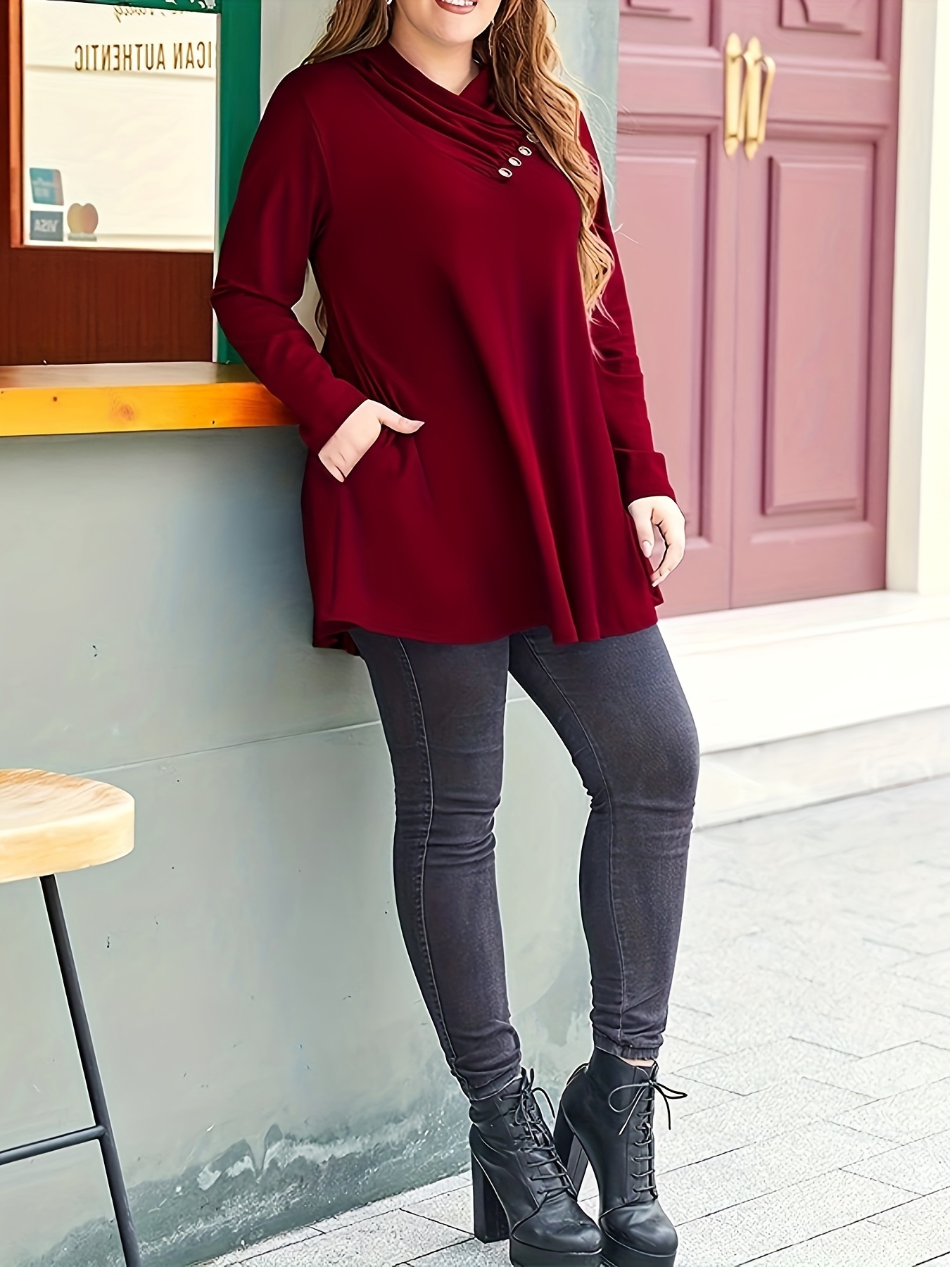 Plus Size Casual T-shirt, Women's Plus Solid Long Sleeve Surplice Neck  Button Decor High Stretch Tunic Top With Pockets